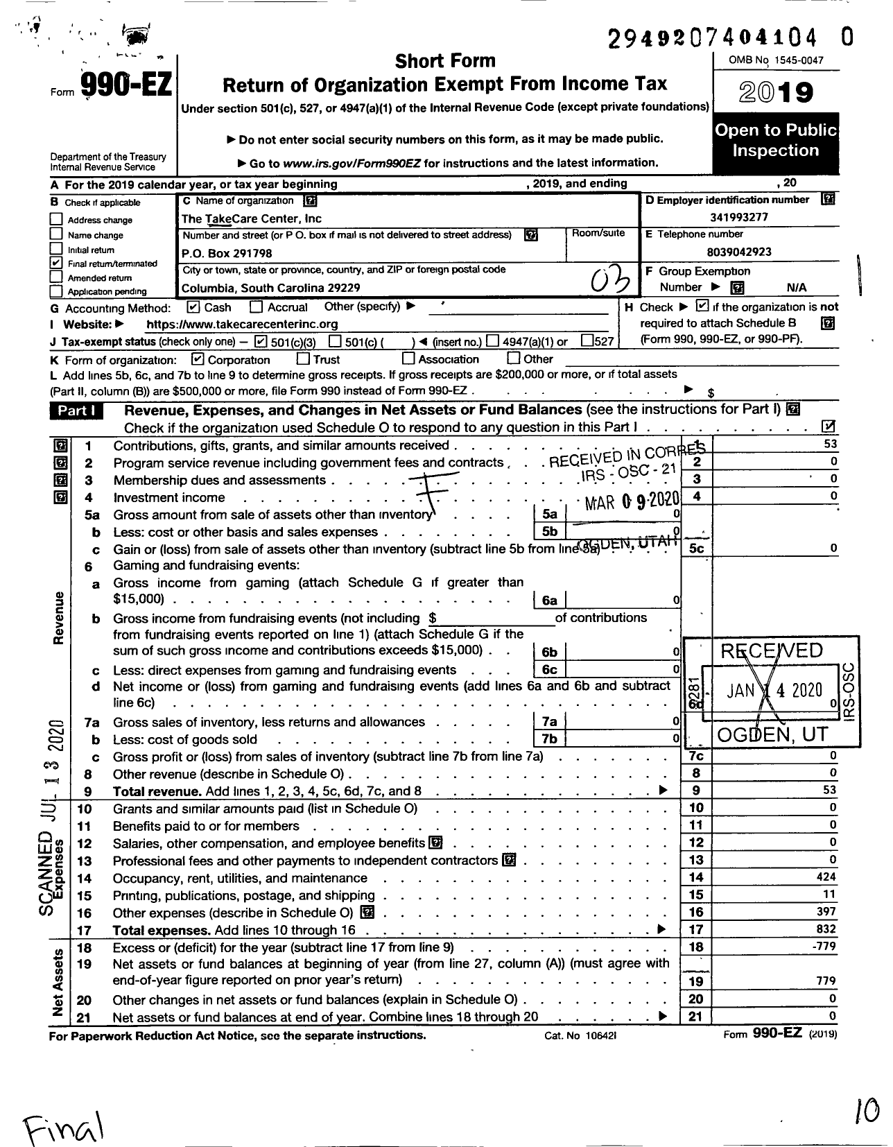 Image of first page of 2019 Form 990EZ for Takecare Center