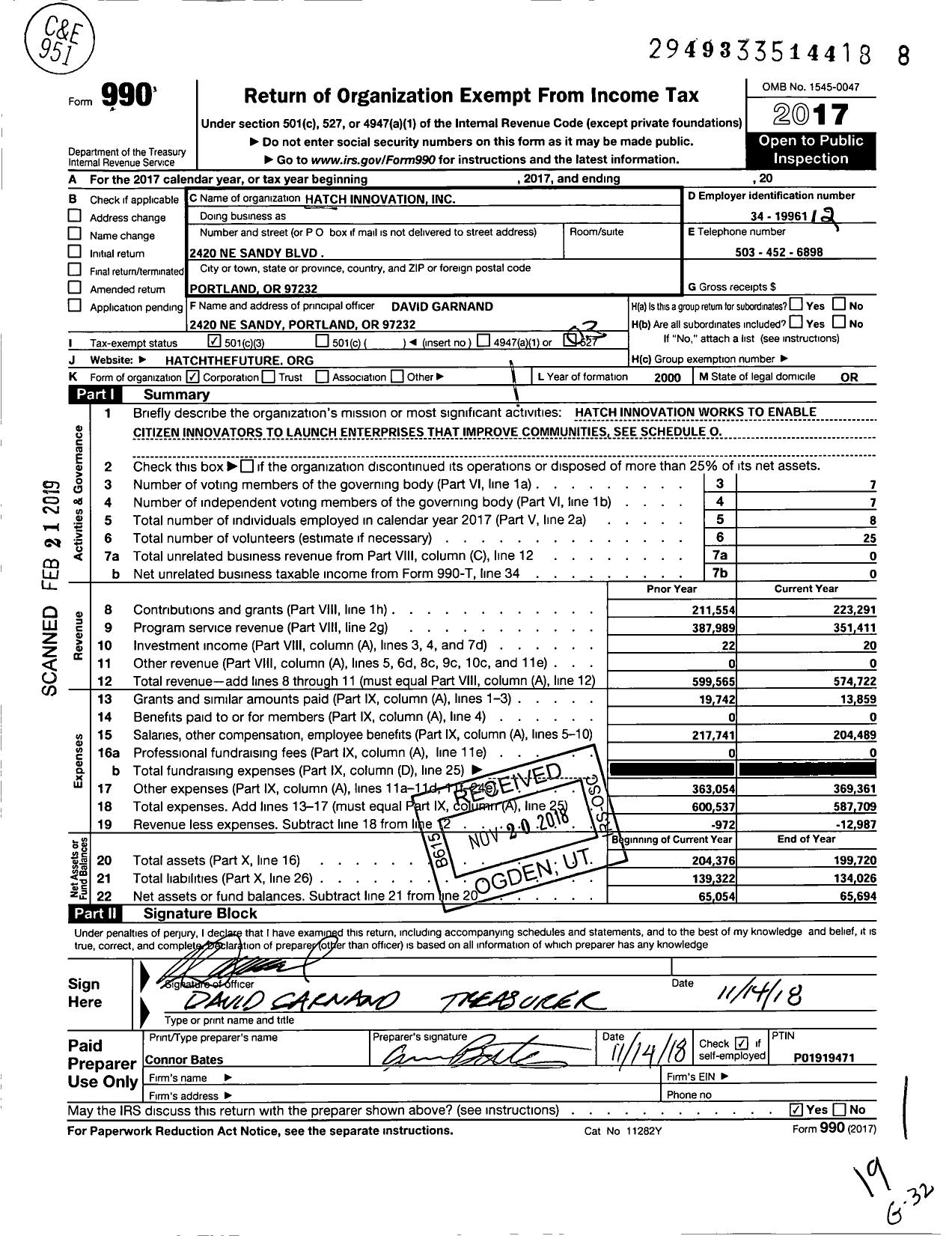 Image of first page of 2017 Form 990 for Hatch Innovation