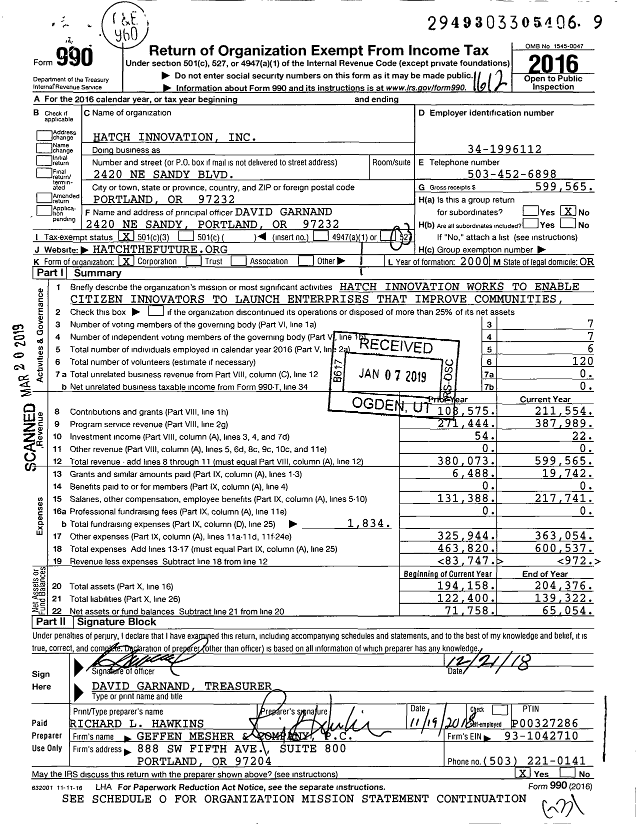 Image of first page of 2016 Form 990 for Hatch Innovation