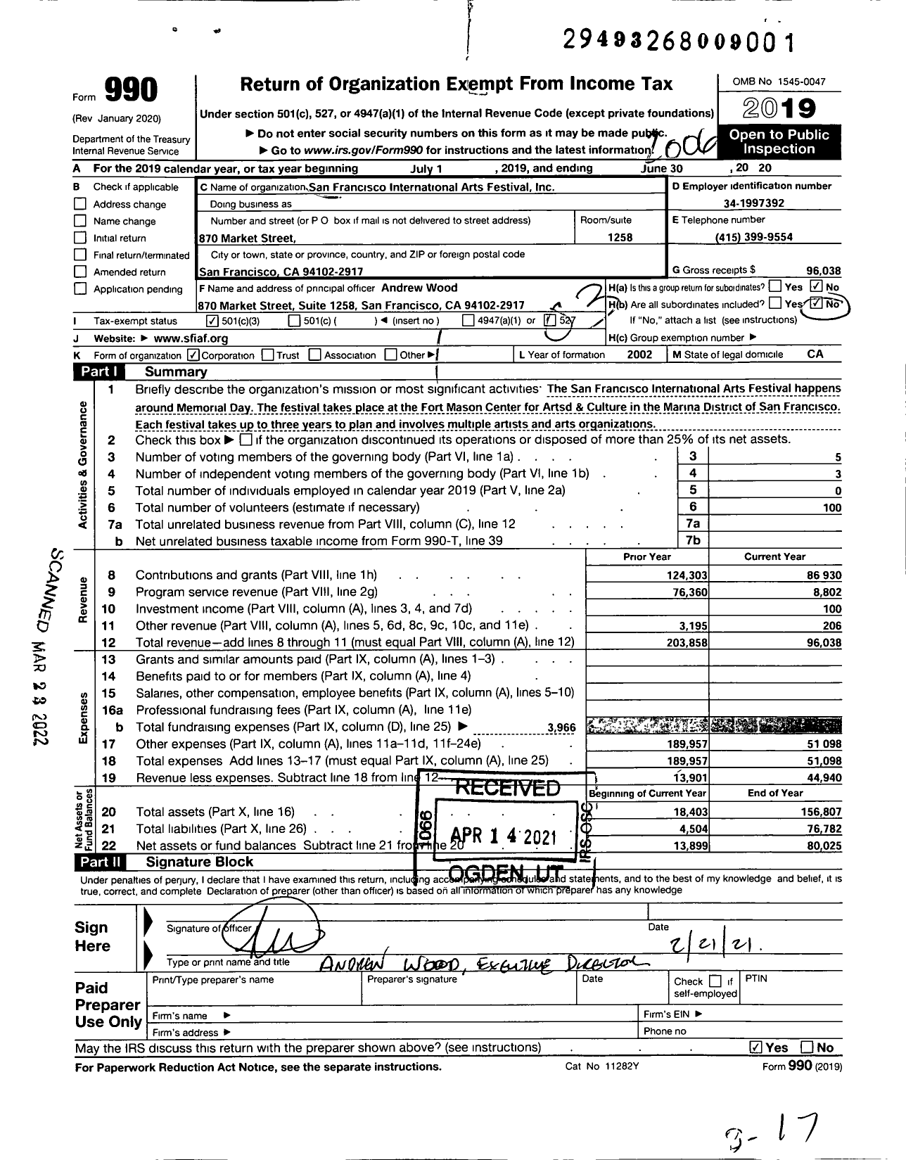 Image of first page of 2019 Form 990 for San Francisco International Arts Festival