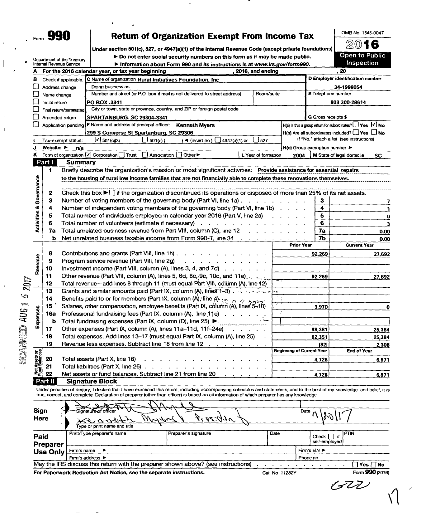 Image of first page of 2016 Form 990 for Rural Initiatives Foundation