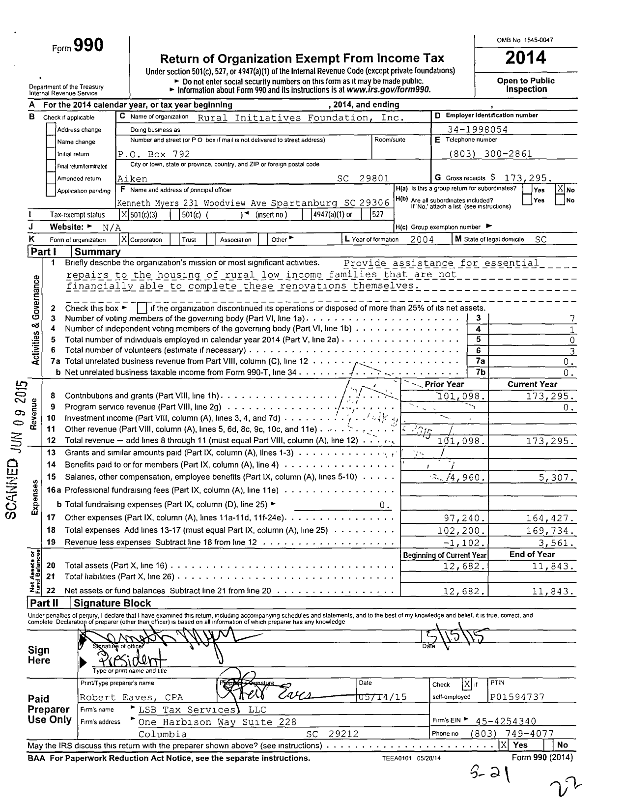 Image of first page of 2014 Form 990 for Rural Initiatives Foundation