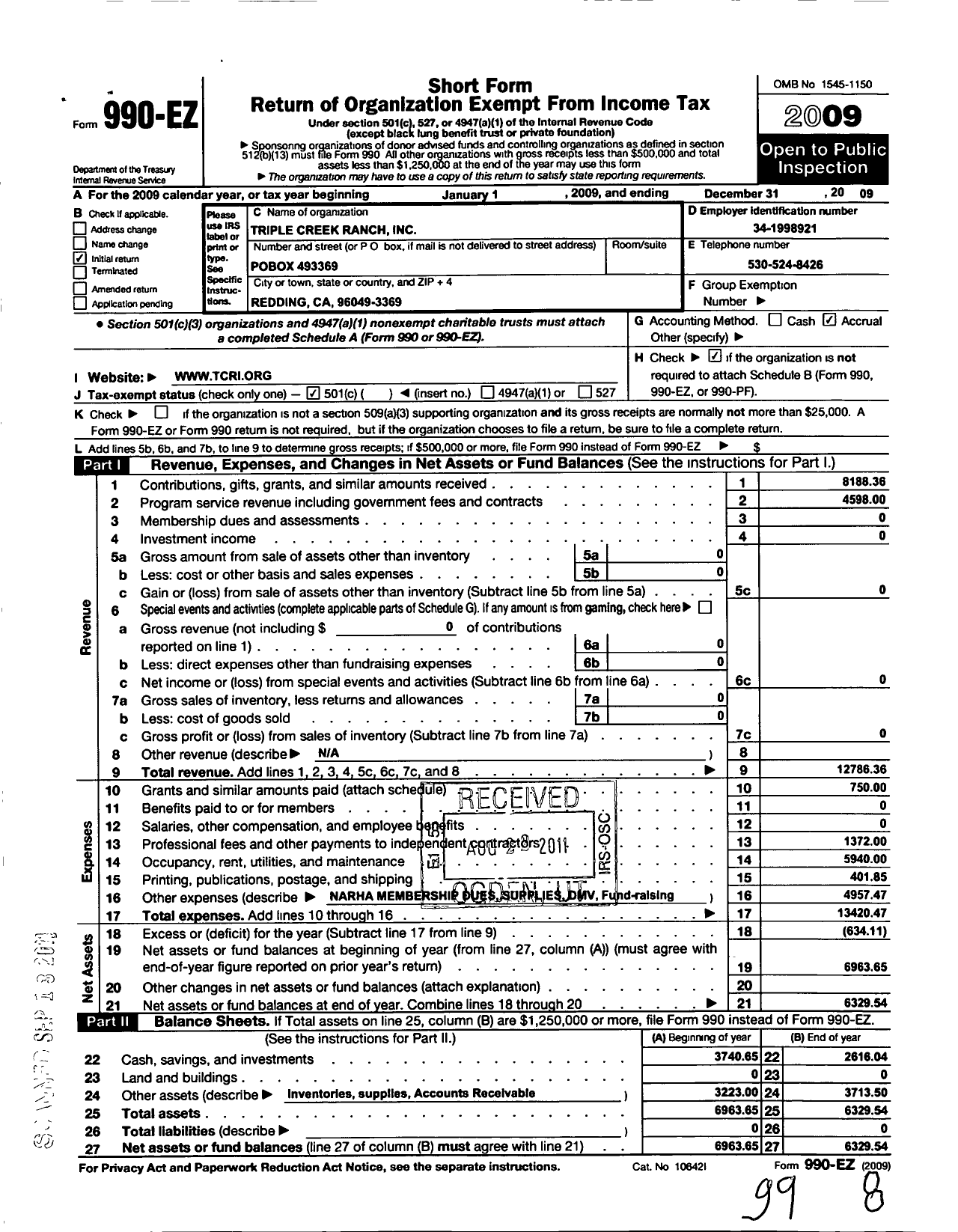 Image of first page of 2009 Form 990EO for Triple Creek Therapy Riding and Rescue