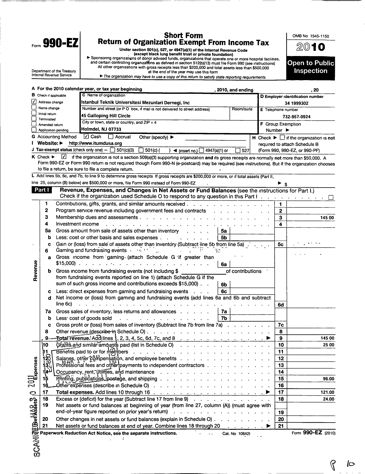 Image of first page of 2010 Form 990EO for Istanbul Teknik Universitesi Mezunlari Dernegi