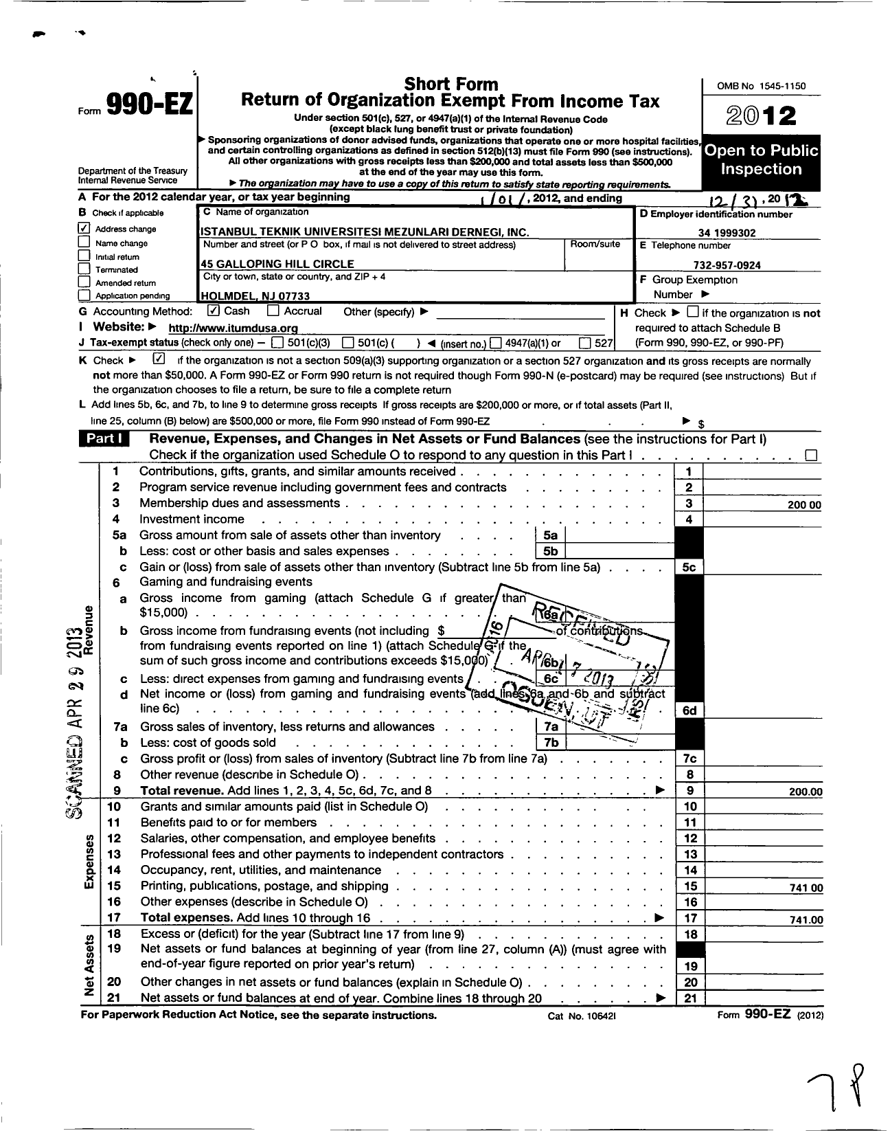 Image of first page of 2012 Form 990EO for Istanbul Teknik Universitesi Mezunlari Dernegi