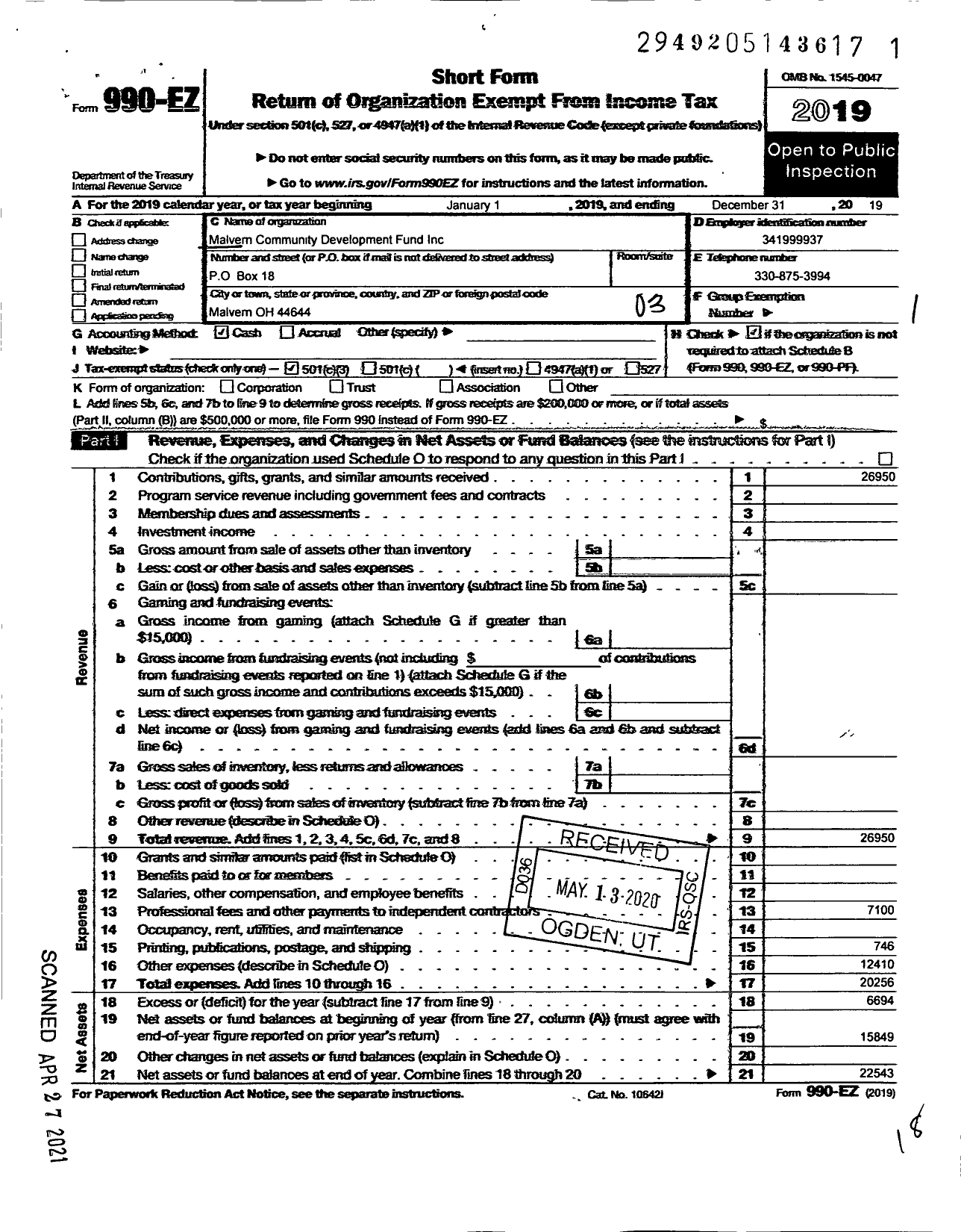 Image of first page of 2019 Form 990EZ for Malvern Community Development Fund