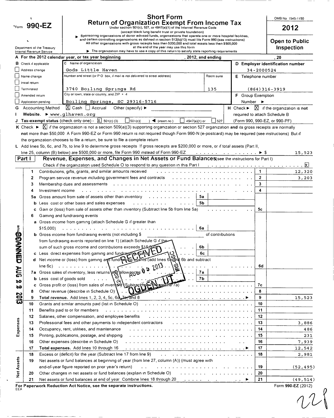 Image of first page of 2012 Form 990EZ for Gods Little Haven