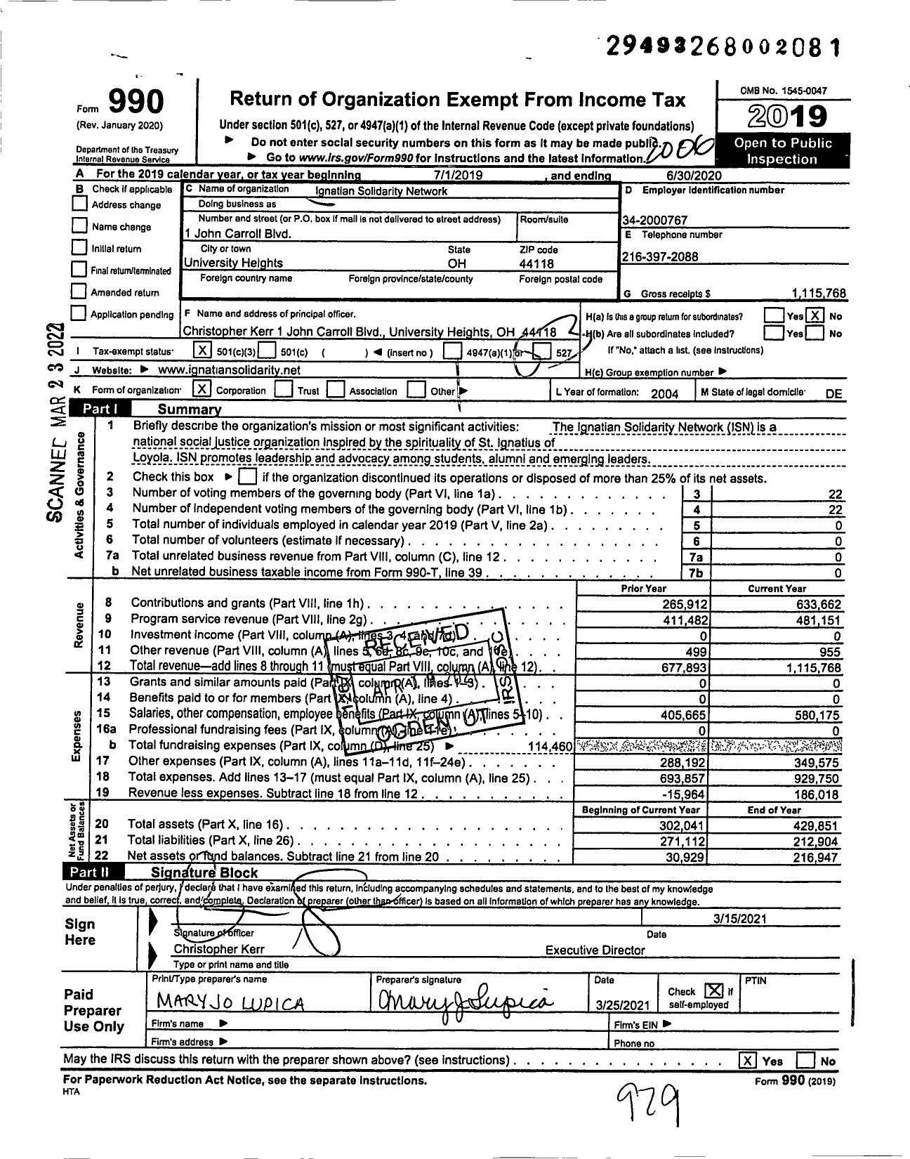 Image of first page of 2019 Form 990 for Ignatian Solidarity Network