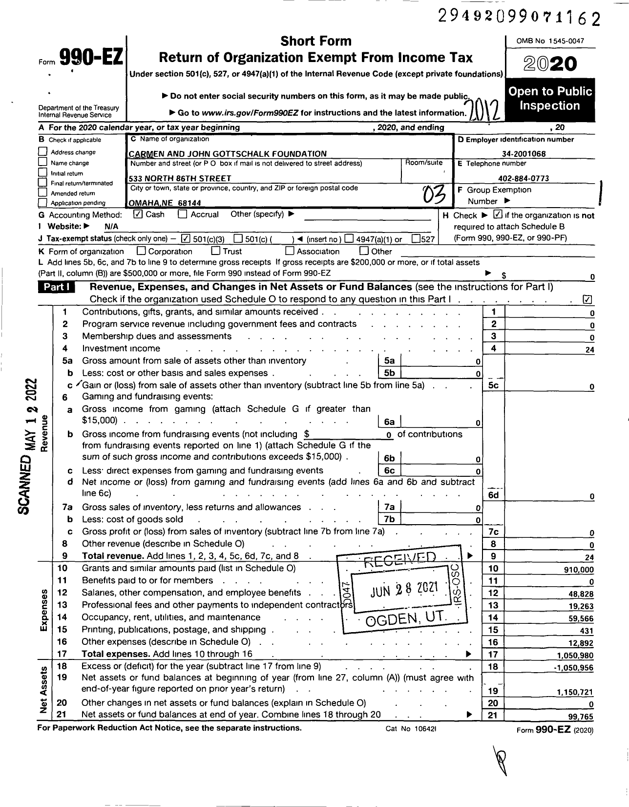 Image of first page of 2020 Form 990EZ for Carmen and John Gottschalk Foundation