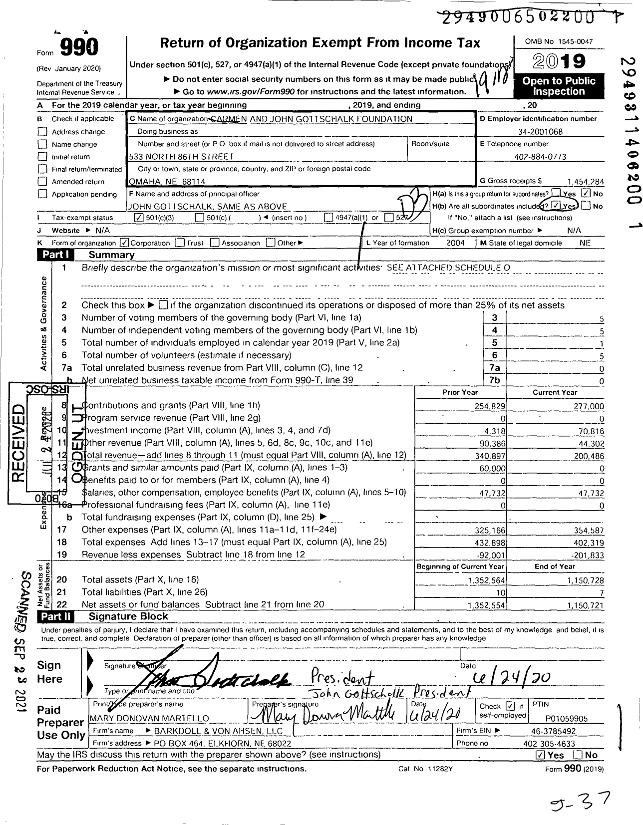Image of first page of 2019 Form 990 for Carmen and John Gottschalk Foundation