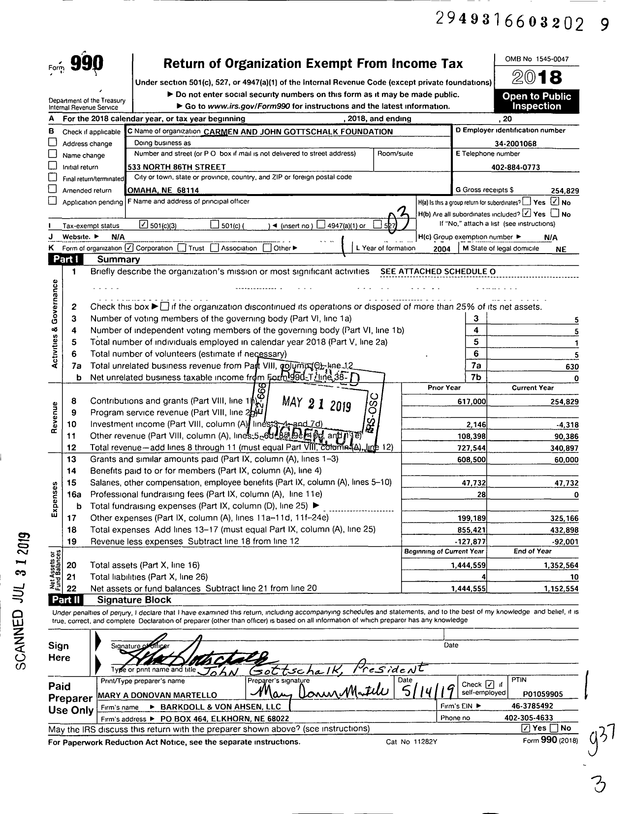 Image of first page of 2018 Form 990 for Carmen and John Gottschalk Foundation