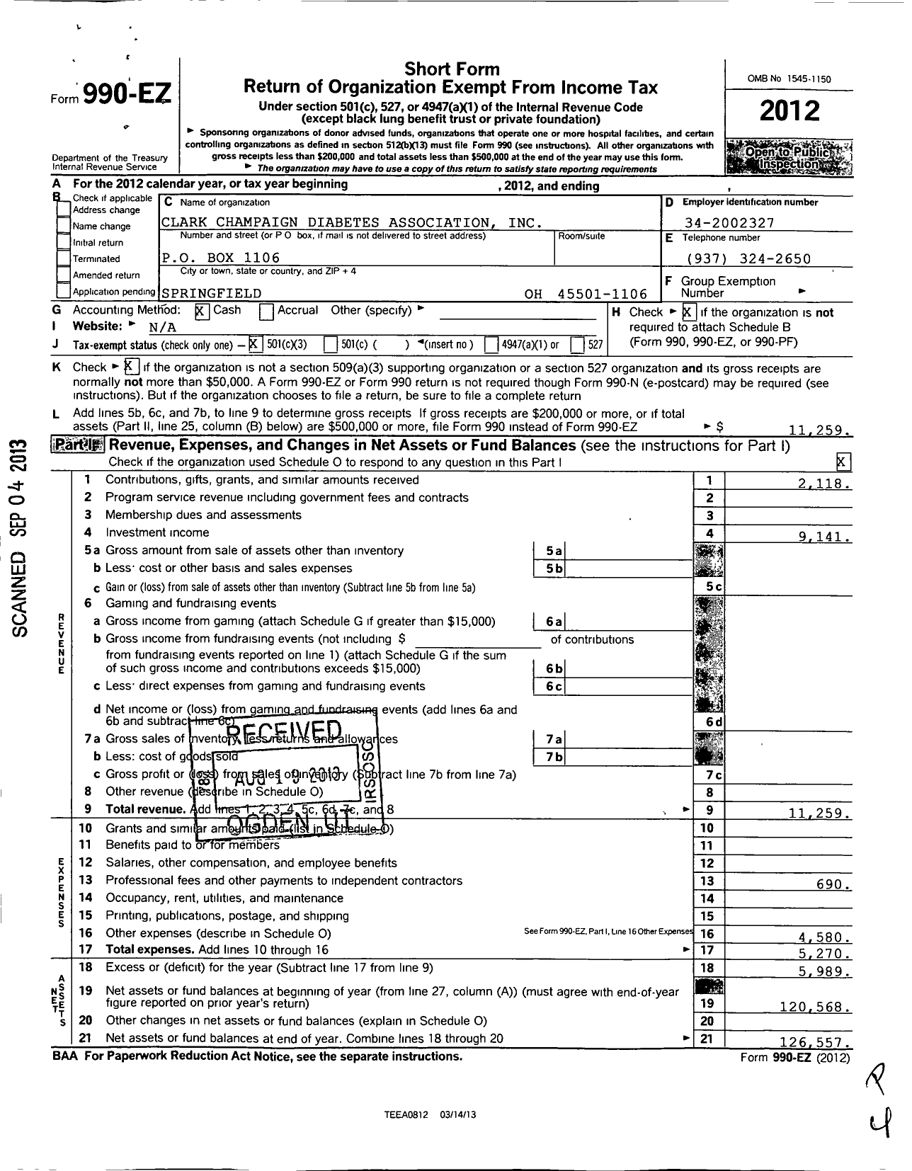 Image of first page of 2012 Form 990EZ for Clark Champaign Diabetes Association
