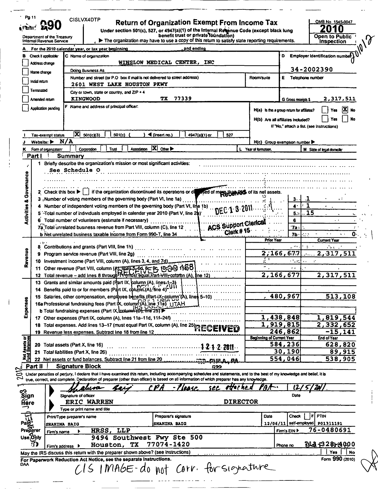 Image of first page of 2010 Form 990 for Winslow Medical Center