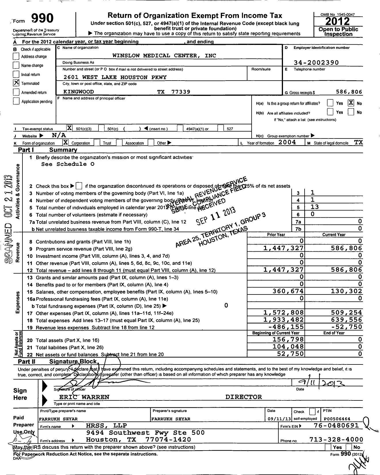 Image of first page of 2012 Form 990 for Winslow Medical Center