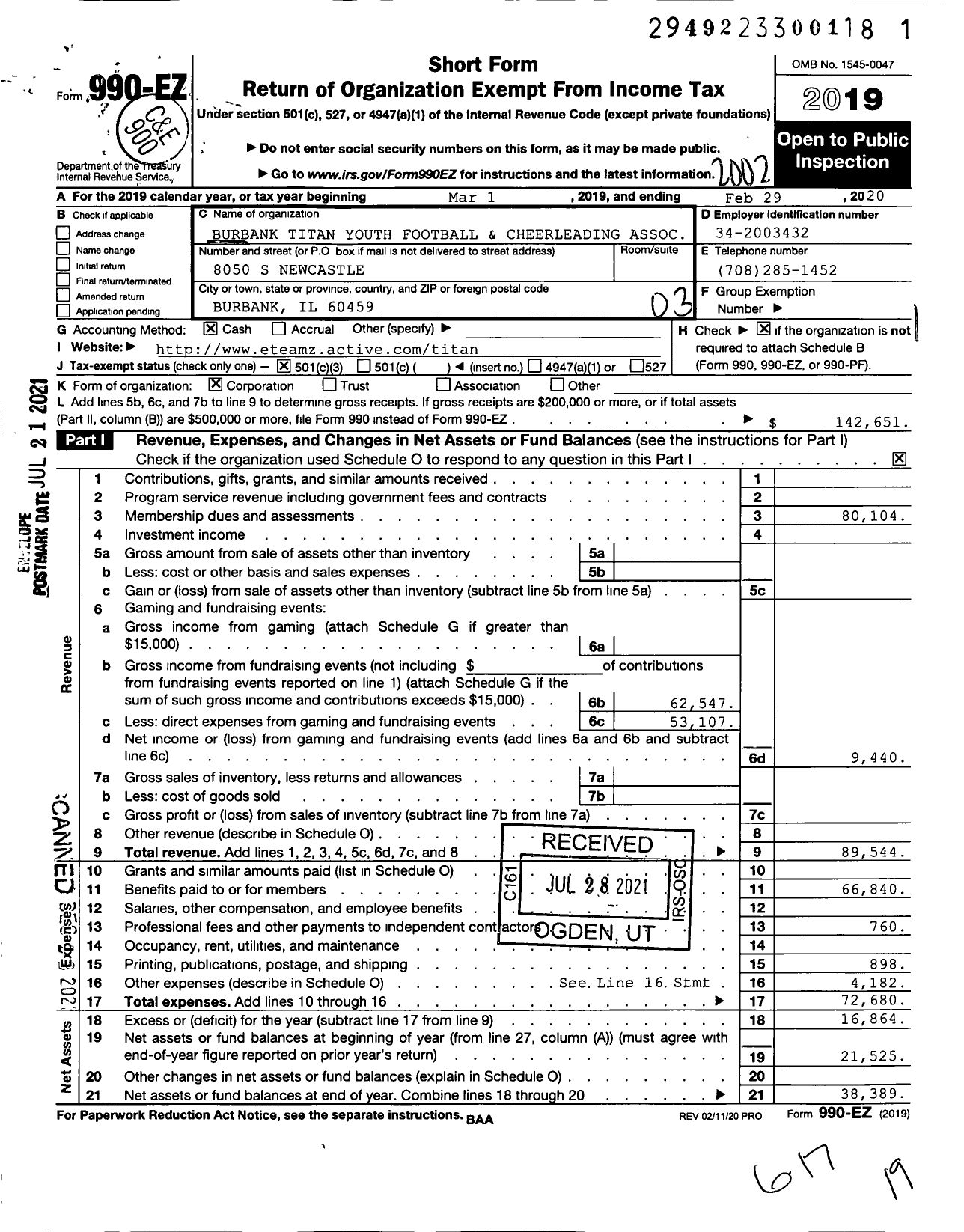 Image of first page of 2019 Form 990EZ for Burbank Titan Youth Football and Cheerleading Association