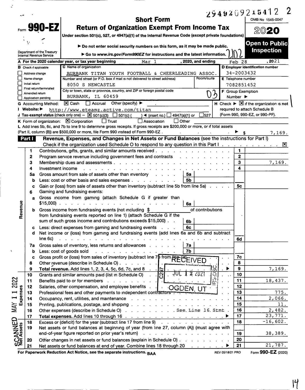 Image of first page of 2020 Form 990EZ for Burbank Titan Youth Football and Cheerleading Association