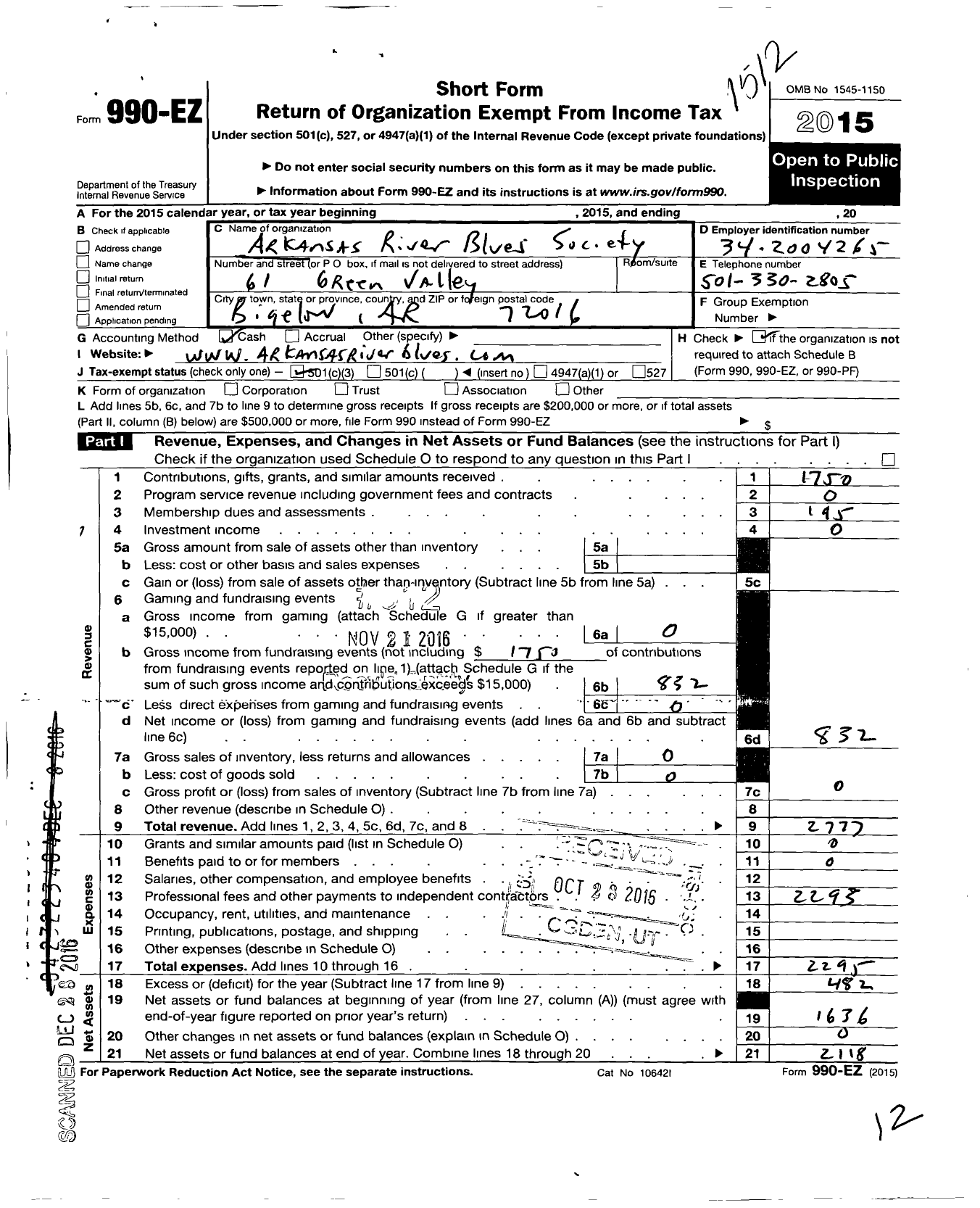 Image of first page of 2015 Form 990EZ for Arkansas River Blues Society