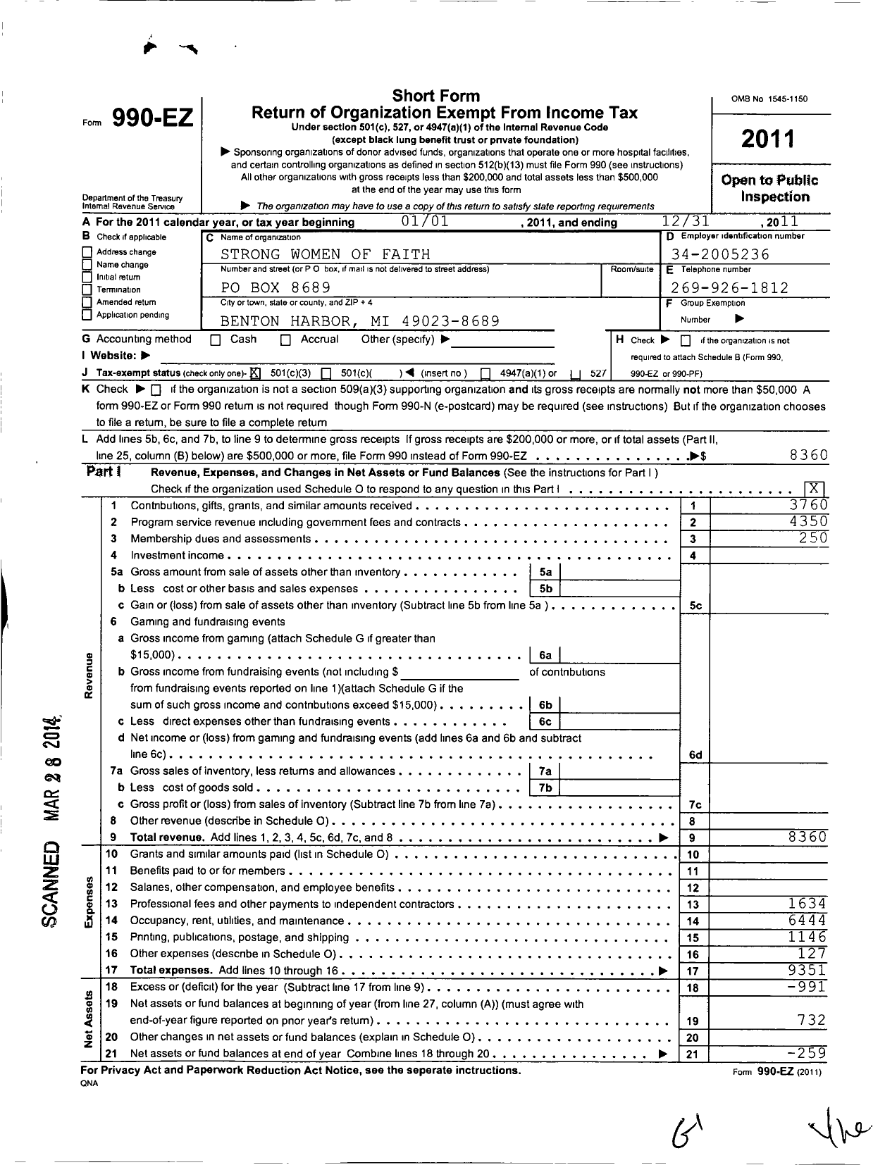 Image of first page of 2011 Form 990EZ for Strong Women of Faith Breast Cancer Support Group