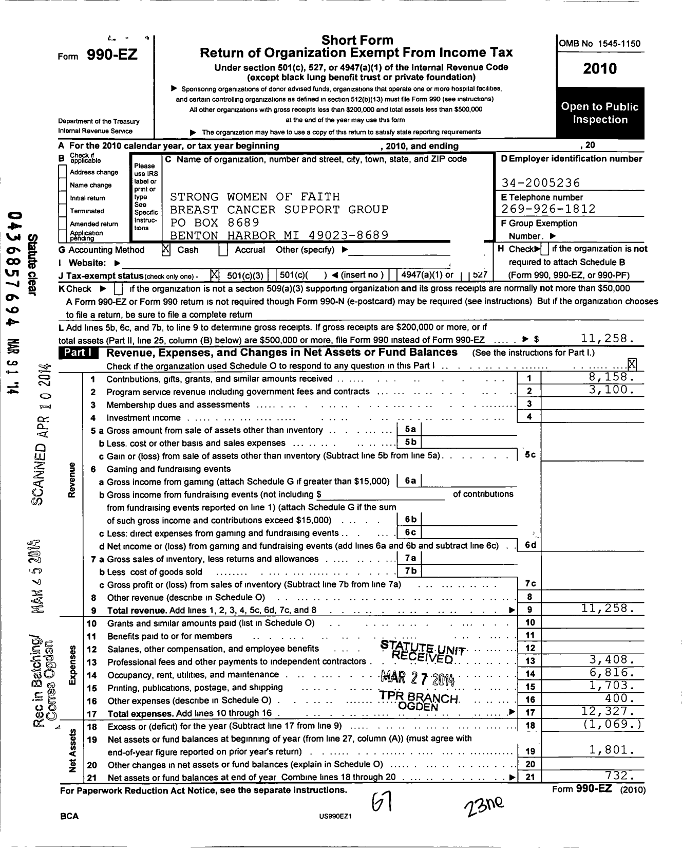 Image of first page of 2010 Form 990EZ for Strong Women of Faith Breast Cancer Support Group