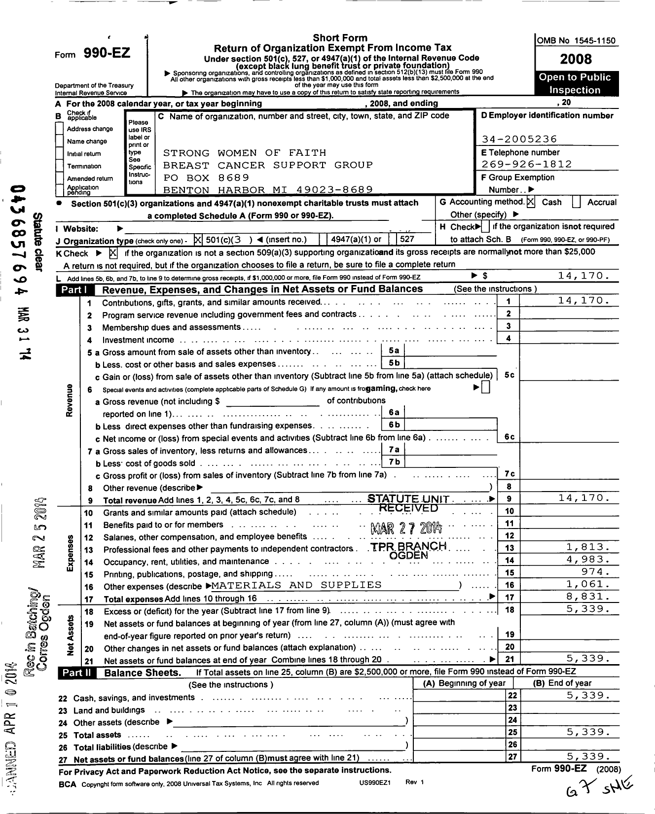 Image of first page of 2008 Form 990EZ for Strong Women of Faith Breast Cancer Support Group