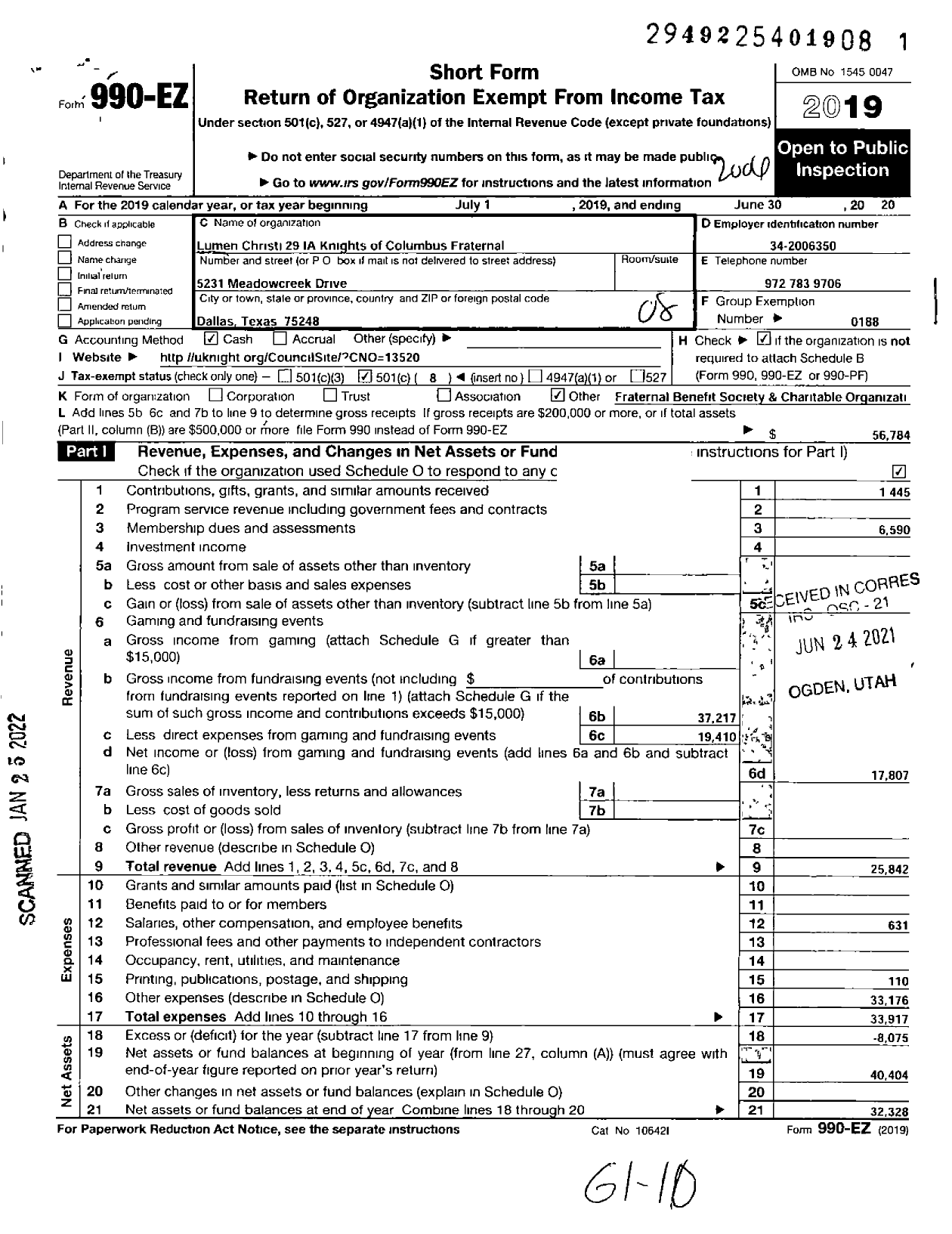 Image of first page of 2019 Form 990EO for Knights of Columbus - 13520 Fraternal Ben Soc Subordinate