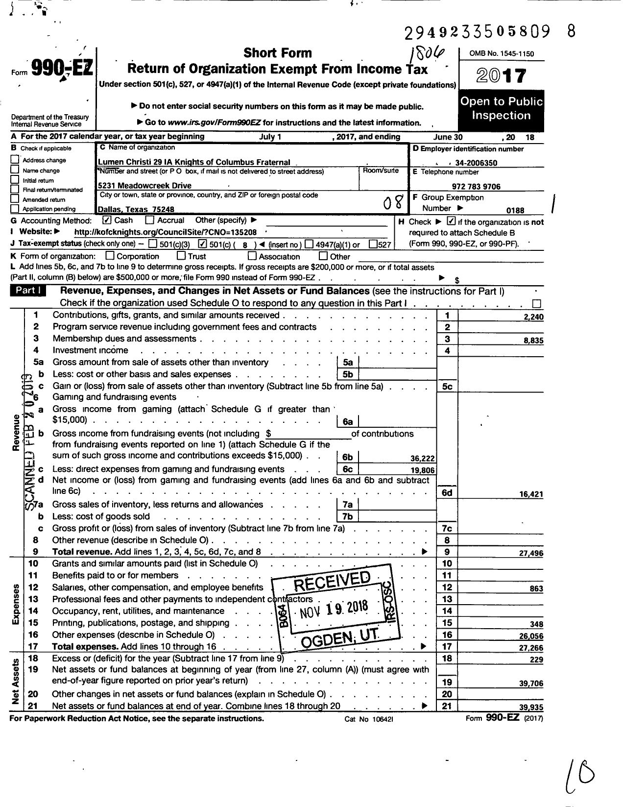 Image of first page of 2017 Form 990EO for Knights of Columbus - 13520 Fraternal Ben Soc Subordinate