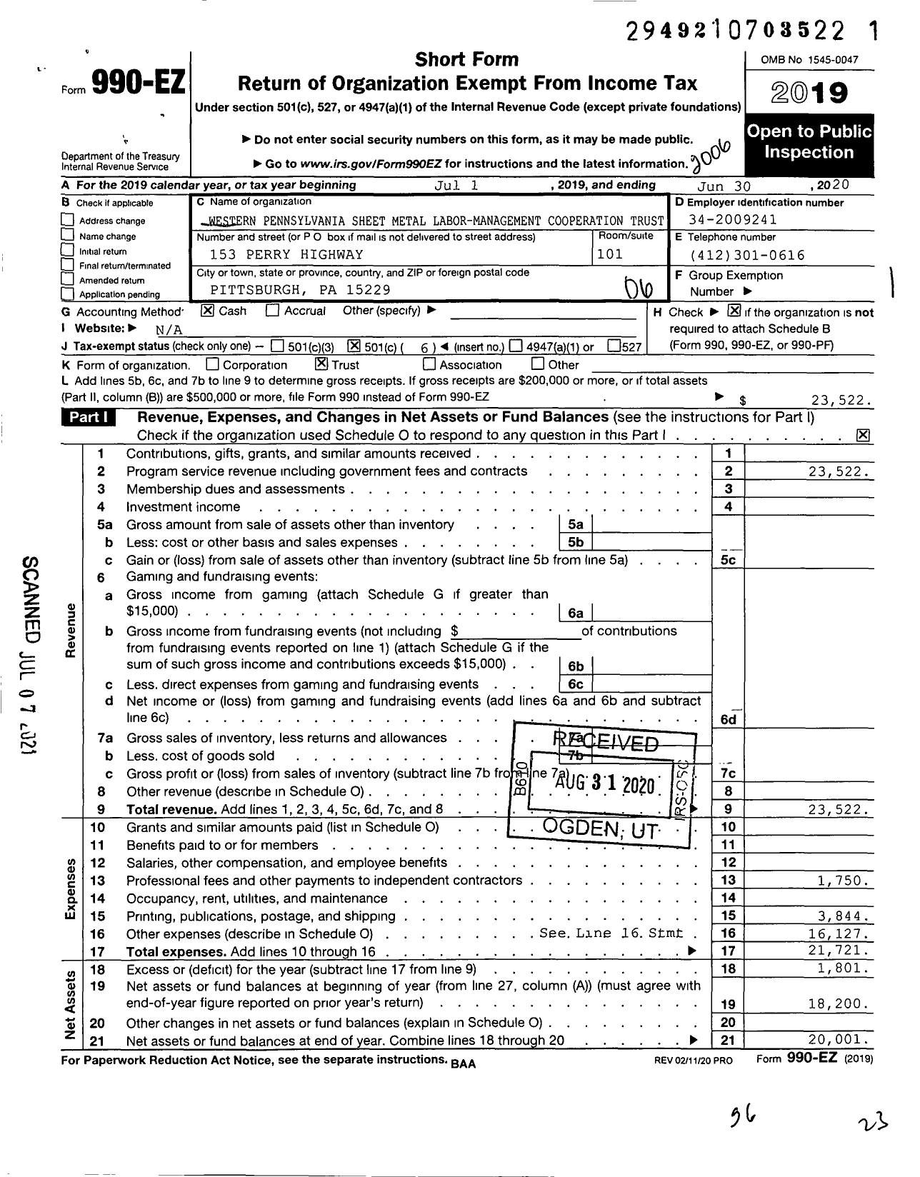 Image of first page of 2019 Form 990EO for Western Pennsylvania Sheet Metal Labor-Management Cooperation Trust