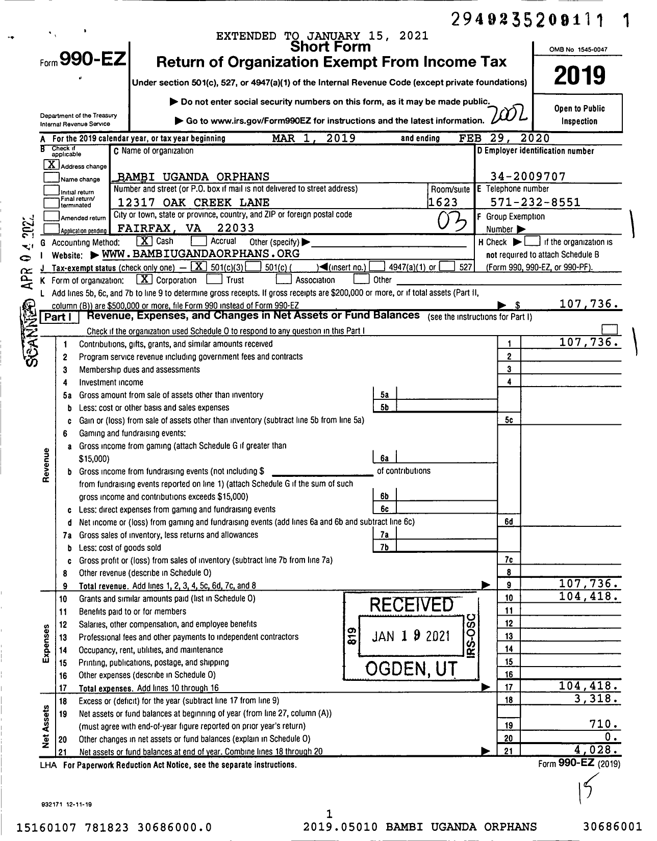 Image of first page of 2019 Form 990EZ for Bega Kwa Bega