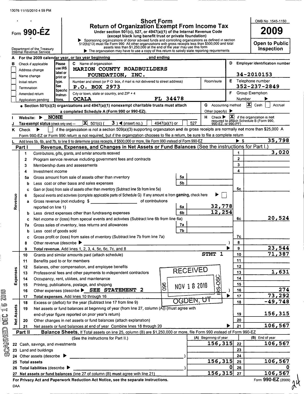 Image of first page of 2009 Form 990EZ for Marion County Roadbuilders Foundation