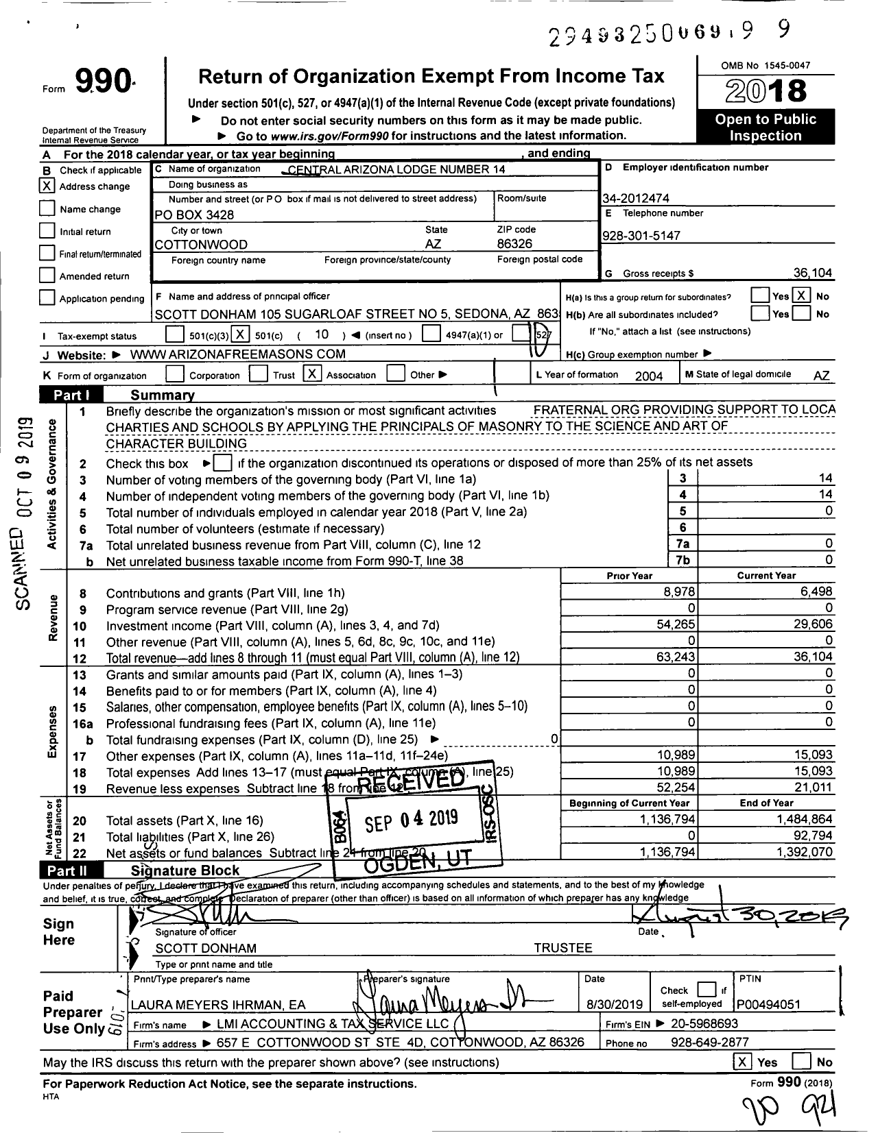 Image of first page of 2018 Form 990O for Free and Accepted Masons of Arizona Masonic Temple - 14 Central Arizona Lodge