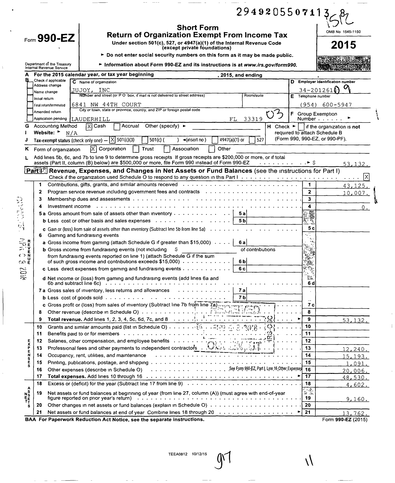 Image of first page of 2015 Form 990EZ for Murl-Windsor Academy at Hollywood