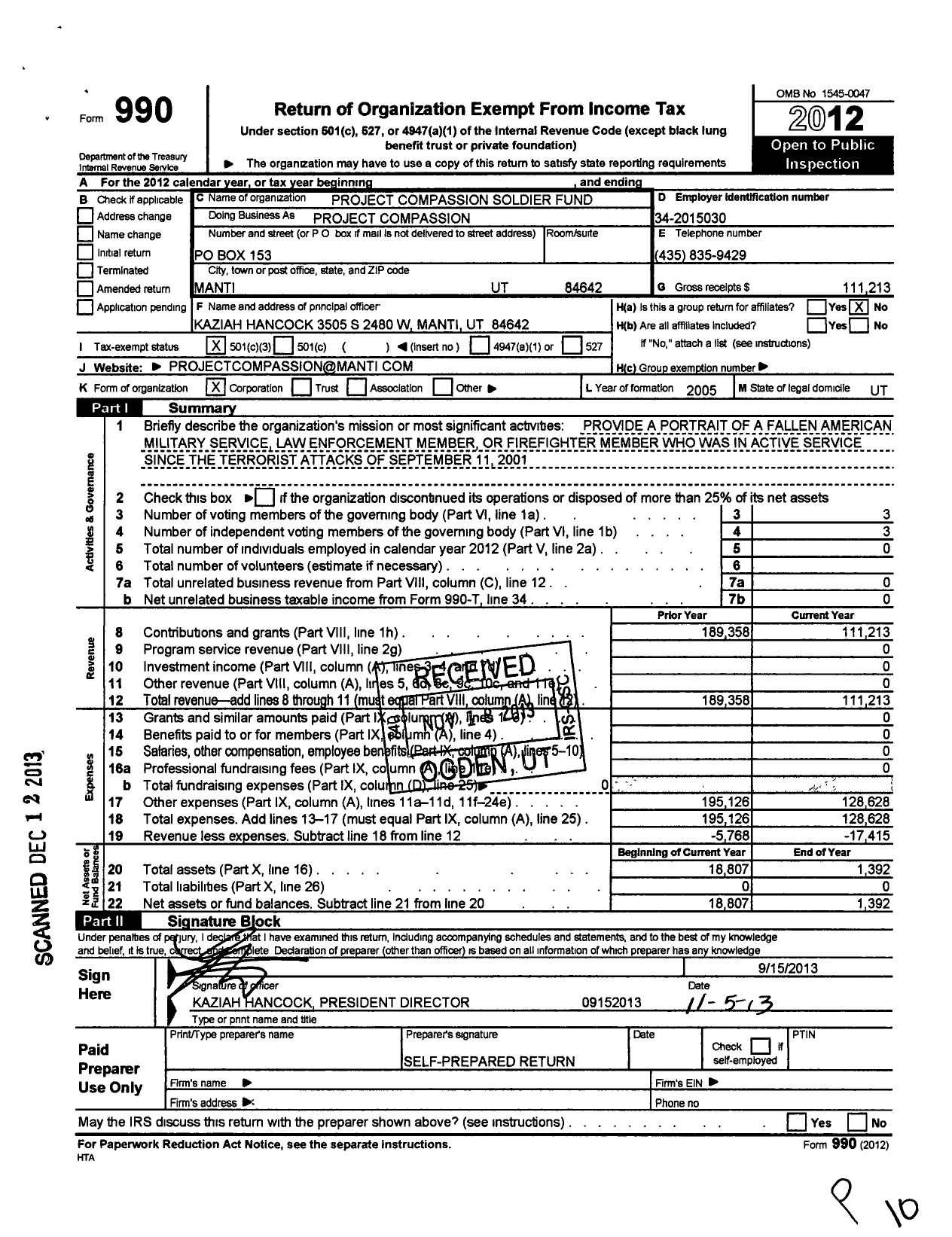 Image of first page of 2012 Form 990 for Project Compassion