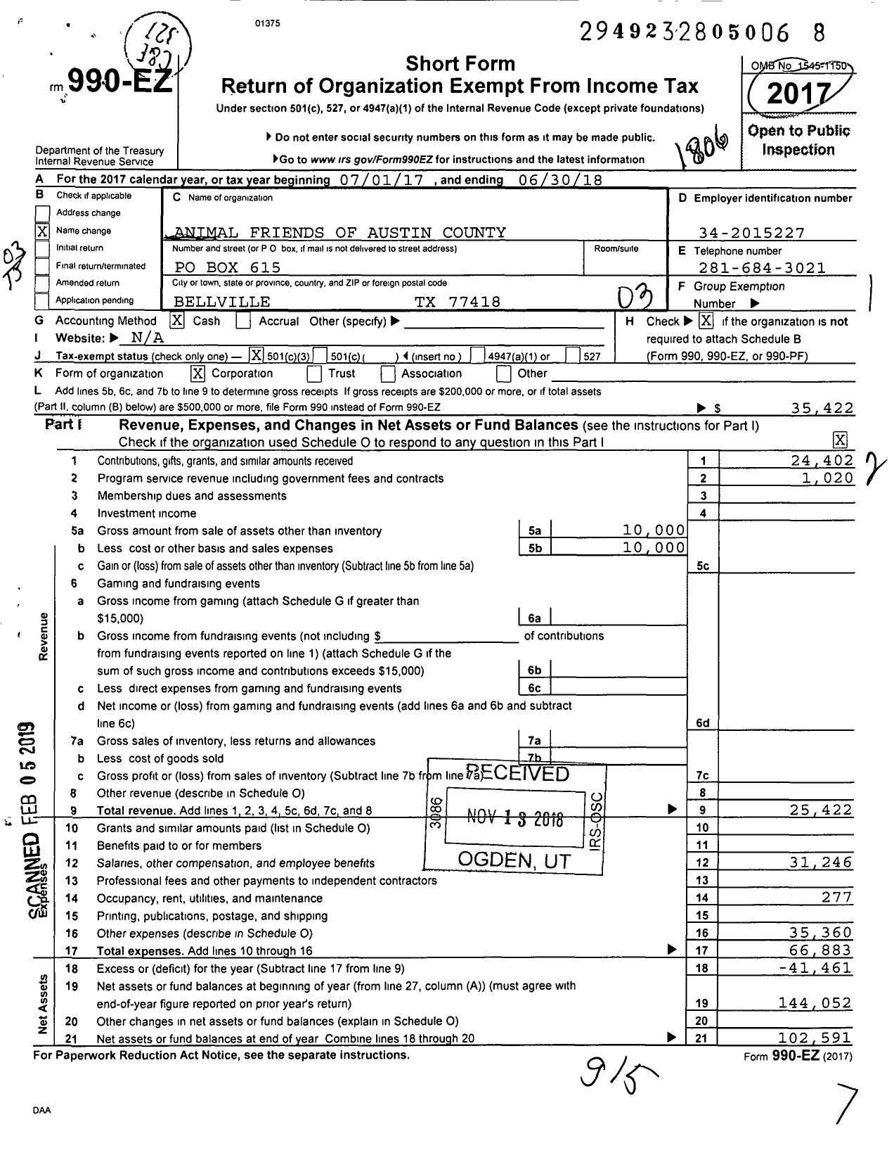 Image of first page of 2017 Form 990EZ for Animal Friends of Austin County