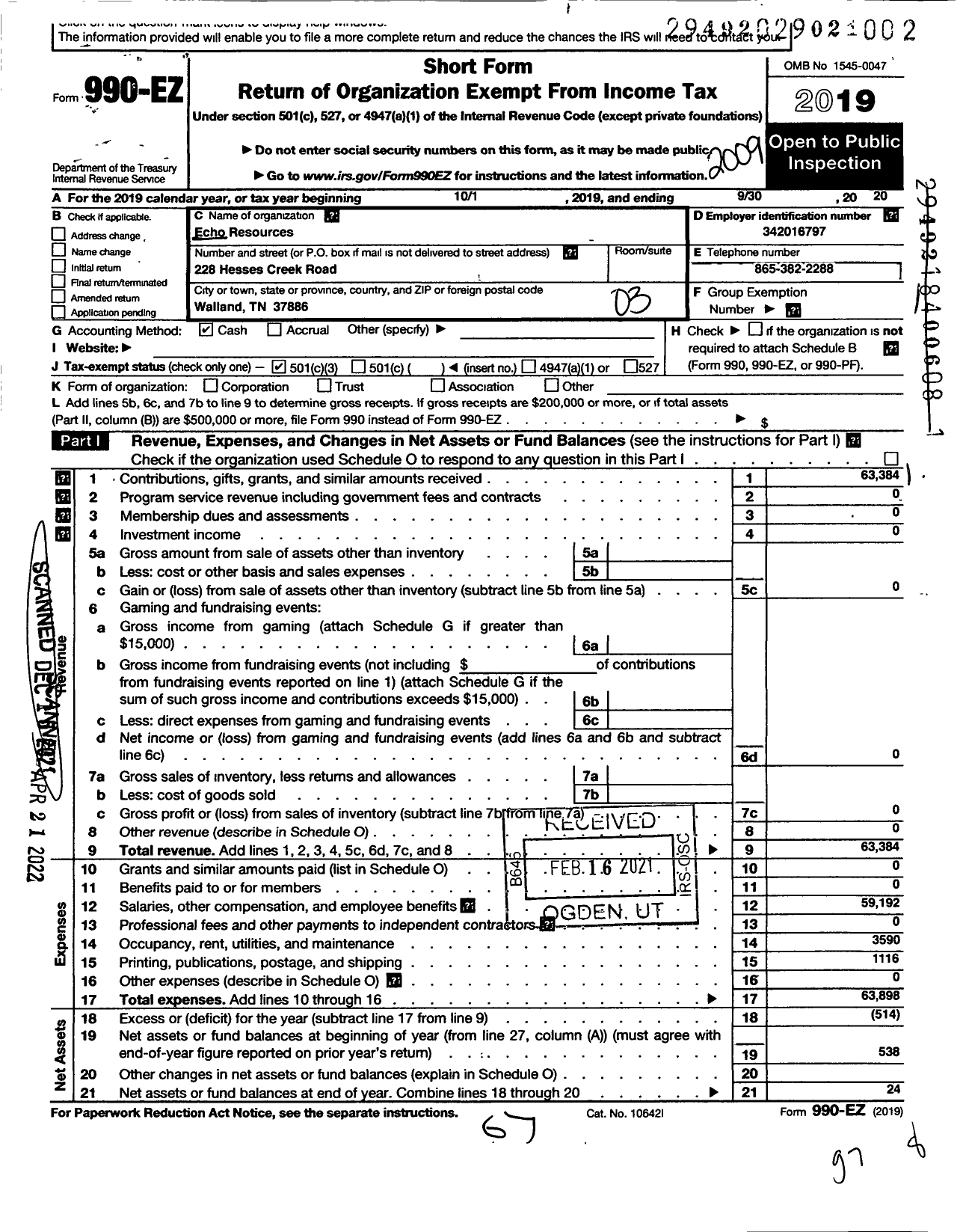 Image of first page of 2019 Form 990EZ for Echo Resources