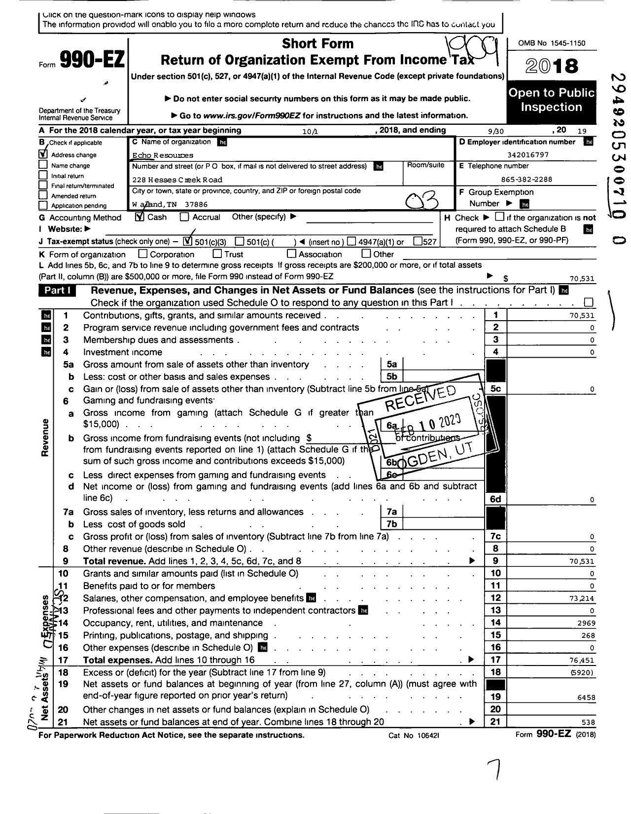 Image of first page of 2018 Form 990EZ for Echo Resources