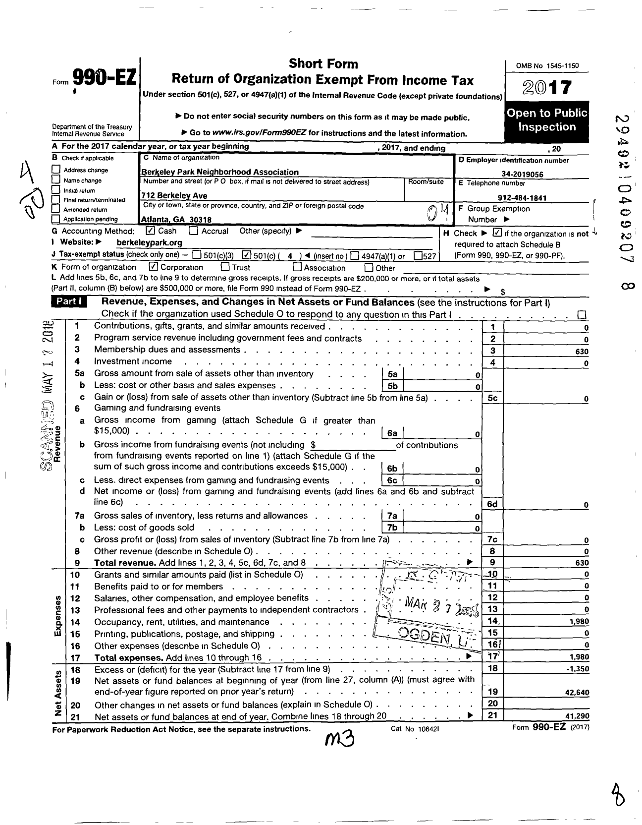 Image of first page of 2017 Form 990EO for Berkeley Park Neighborhood Association