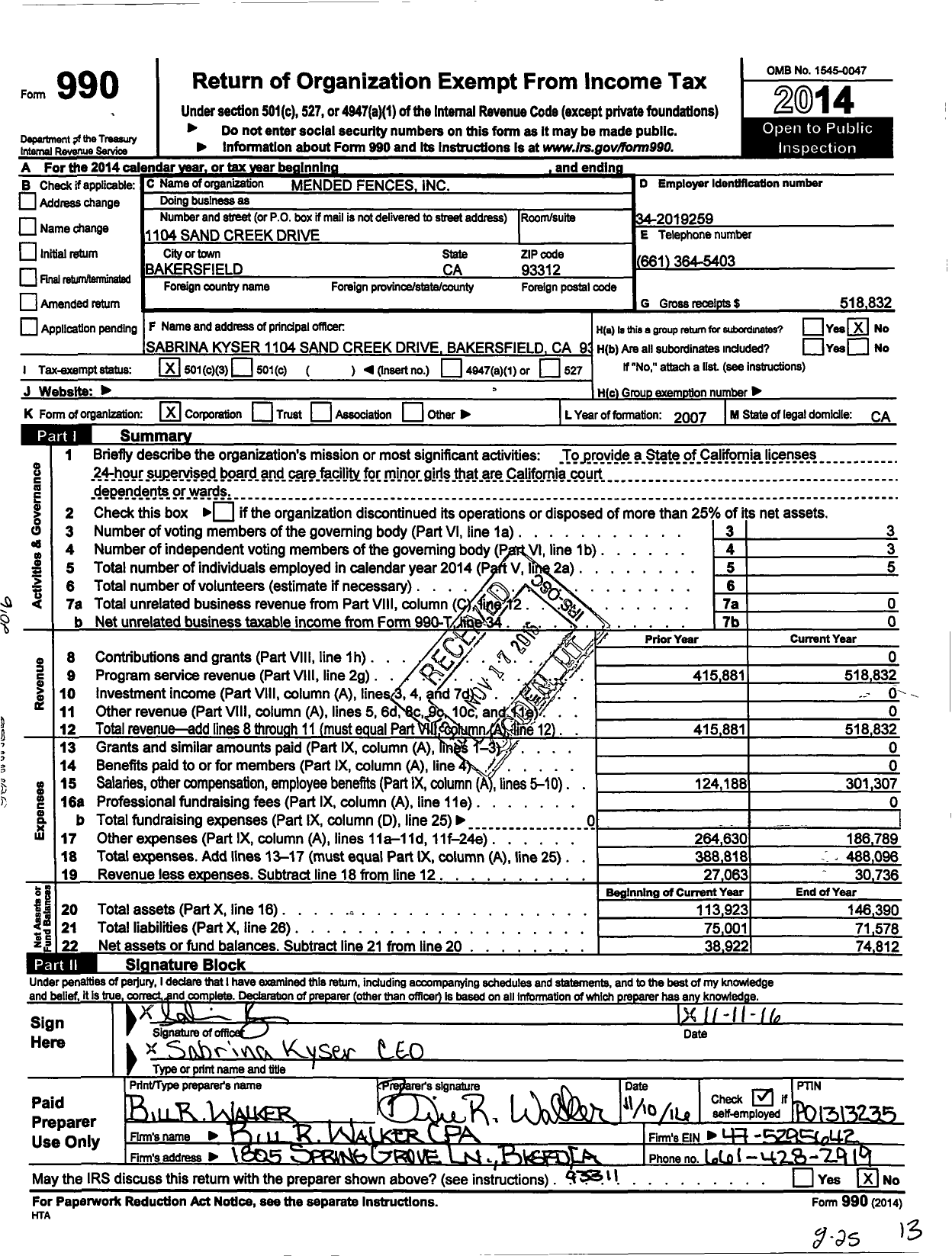 Image of first page of 2014 Form 990 for Mended Fences