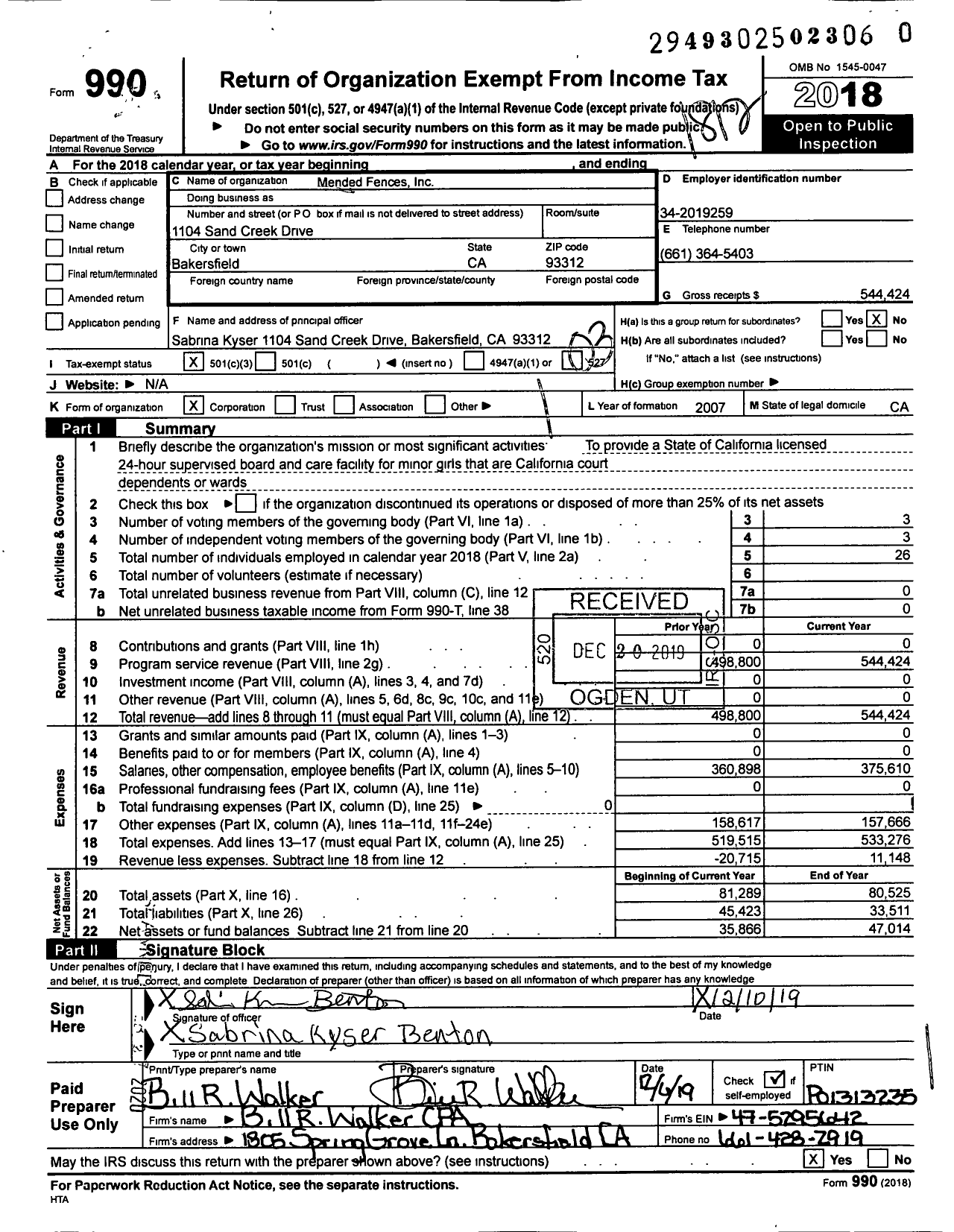 Image of first page of 2018 Form 990 for Mended Fences