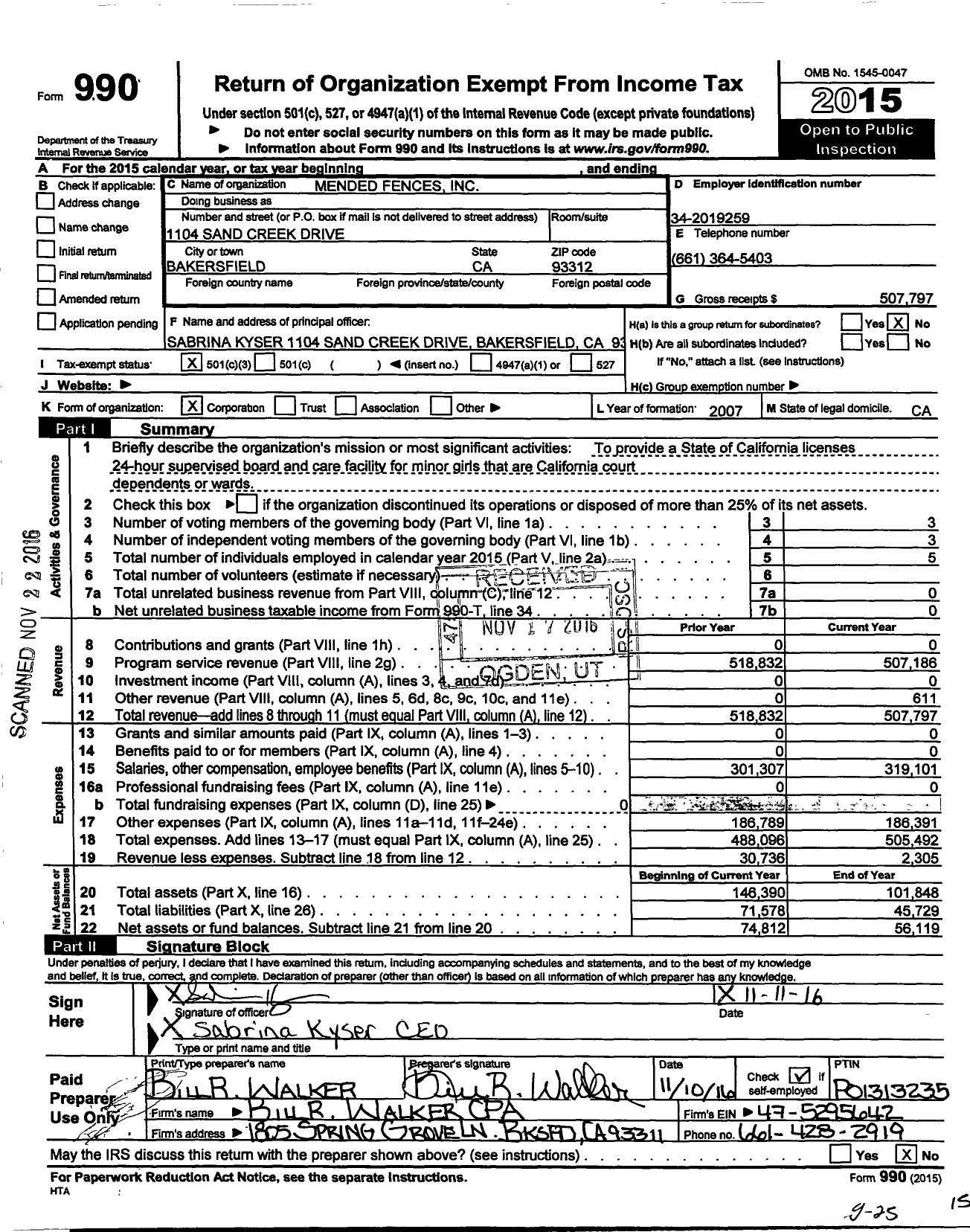 Image of first page of 2015 Form 990 for Mended Fences