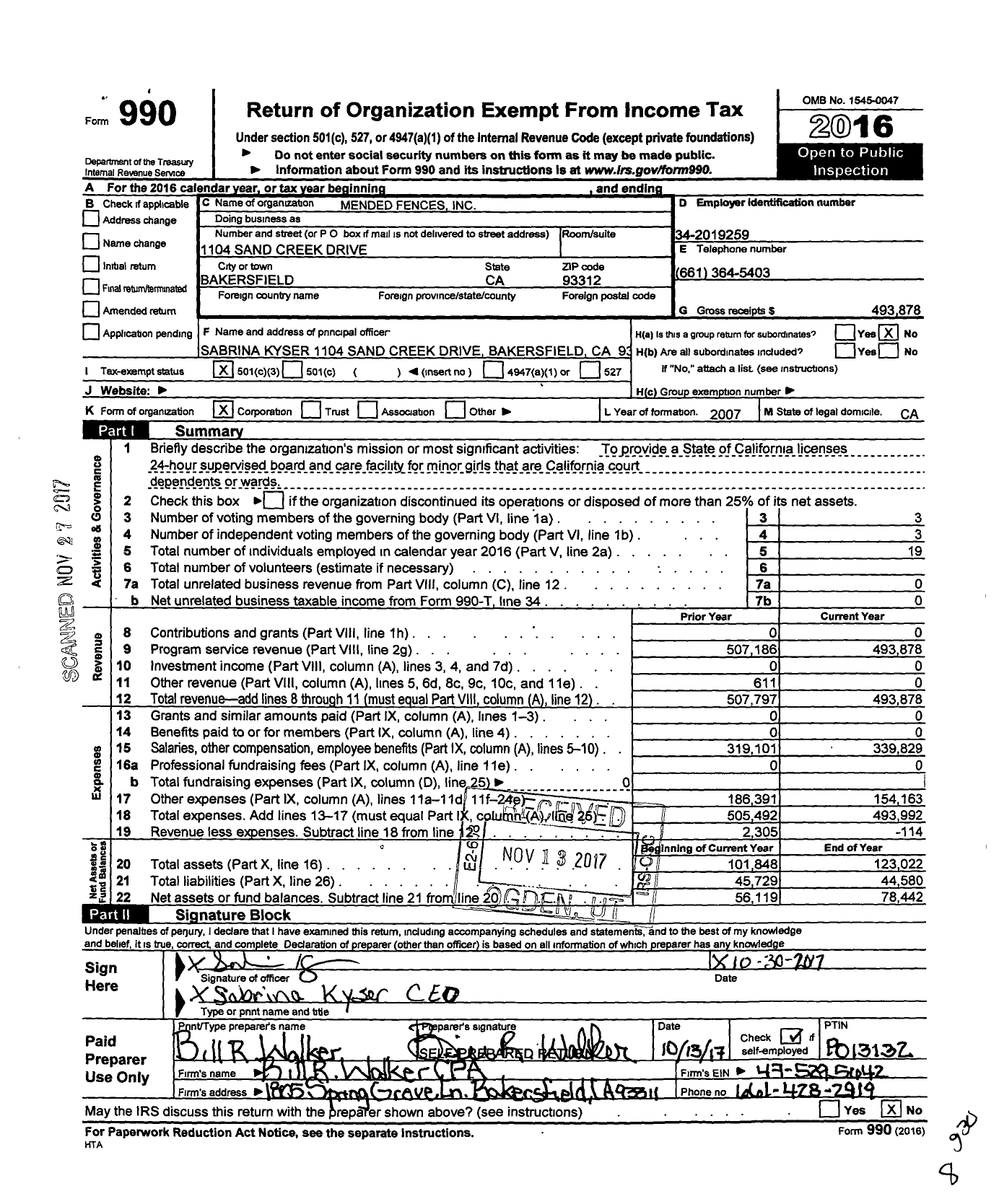 Image of first page of 2016 Form 990 for Mended Fences