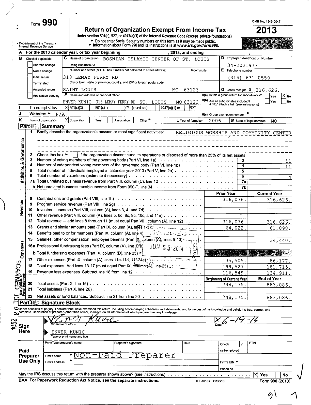 Image of first page of 2013 Form 990 for Bosnian Islamic Center of St Louis