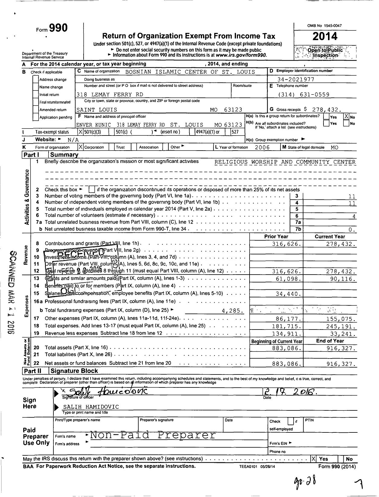 Image of first page of 2014 Form 990 for Bosnian Islamic Center of St Louis