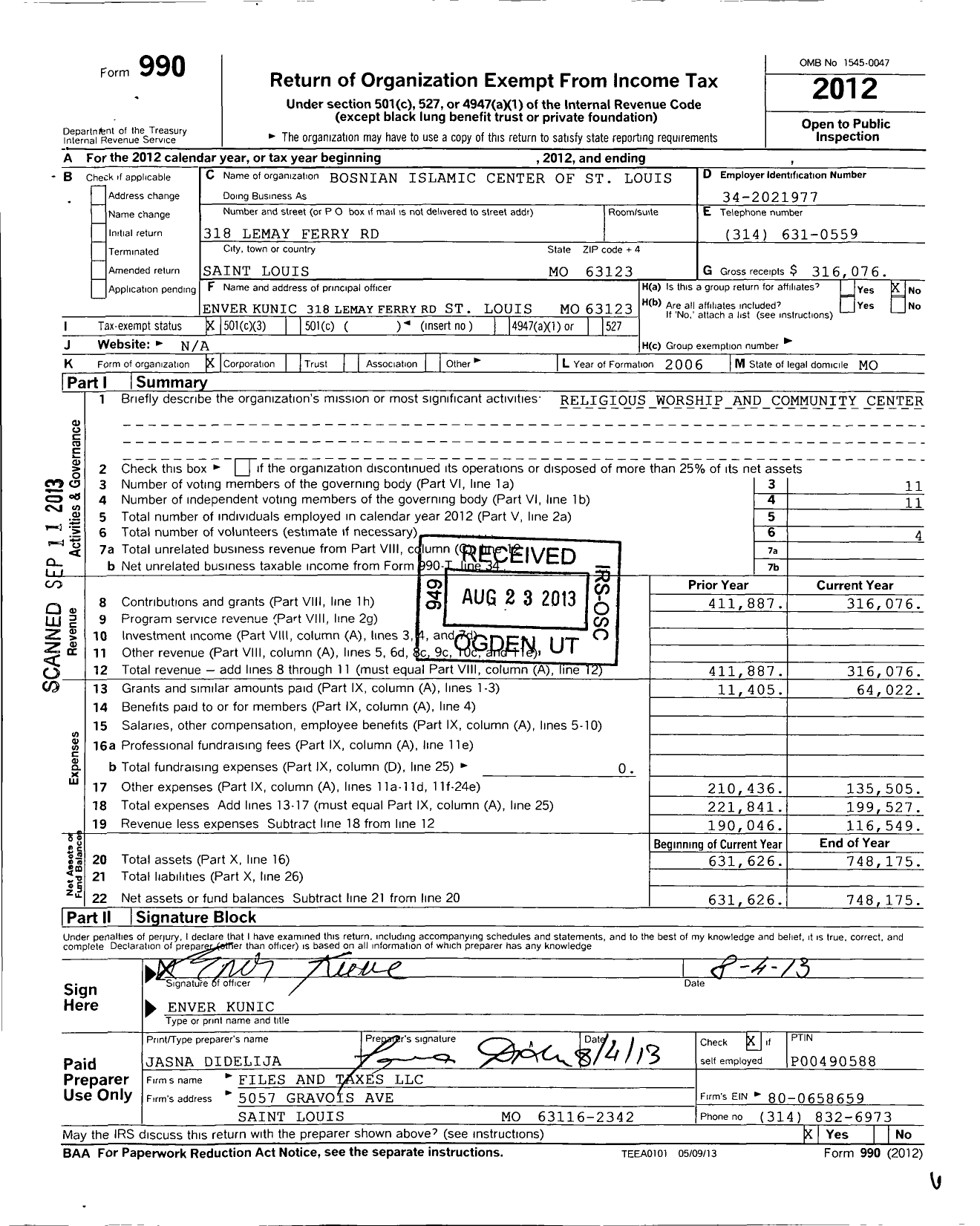 Image of first page of 2012 Form 990 for Bosnian Islamic Center of St Louis