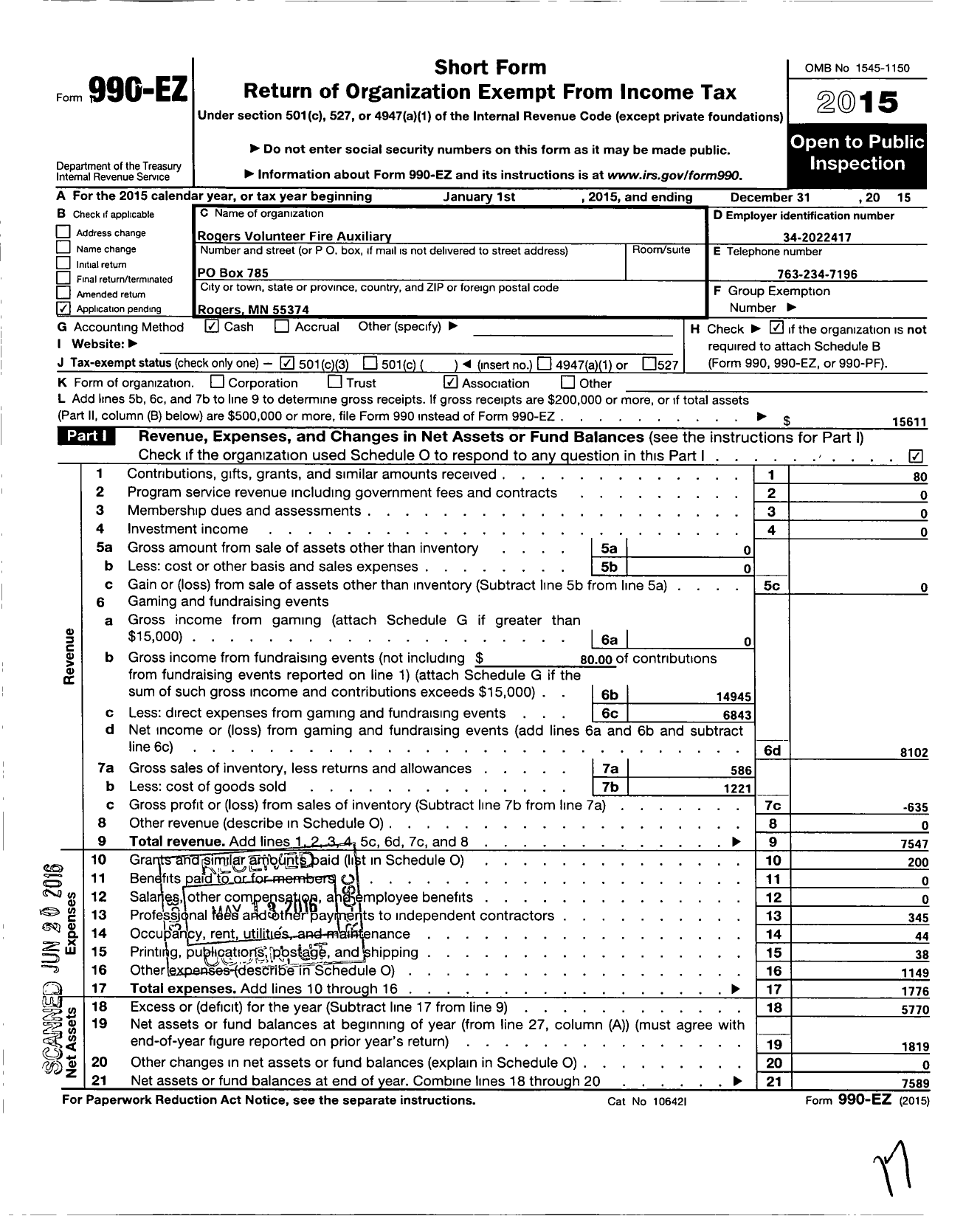 Image of first page of 2015 Form 990EZ for Rogers Volunteer Fire Auxilary