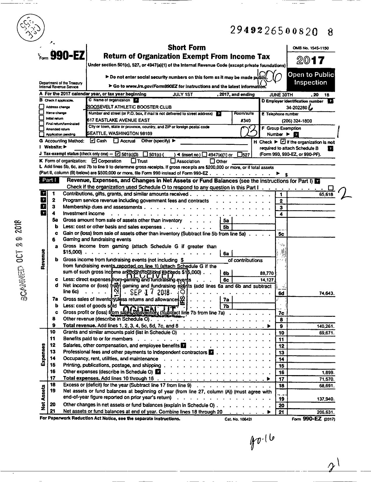 Image of first page of 2017 Form 990EZ for Roosevelt Athletic Boosters Club