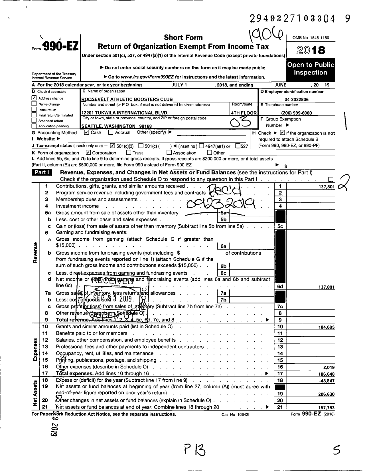 Image of first page of 2018 Form 990EZ for Roosevelt Athletic Boosters Club