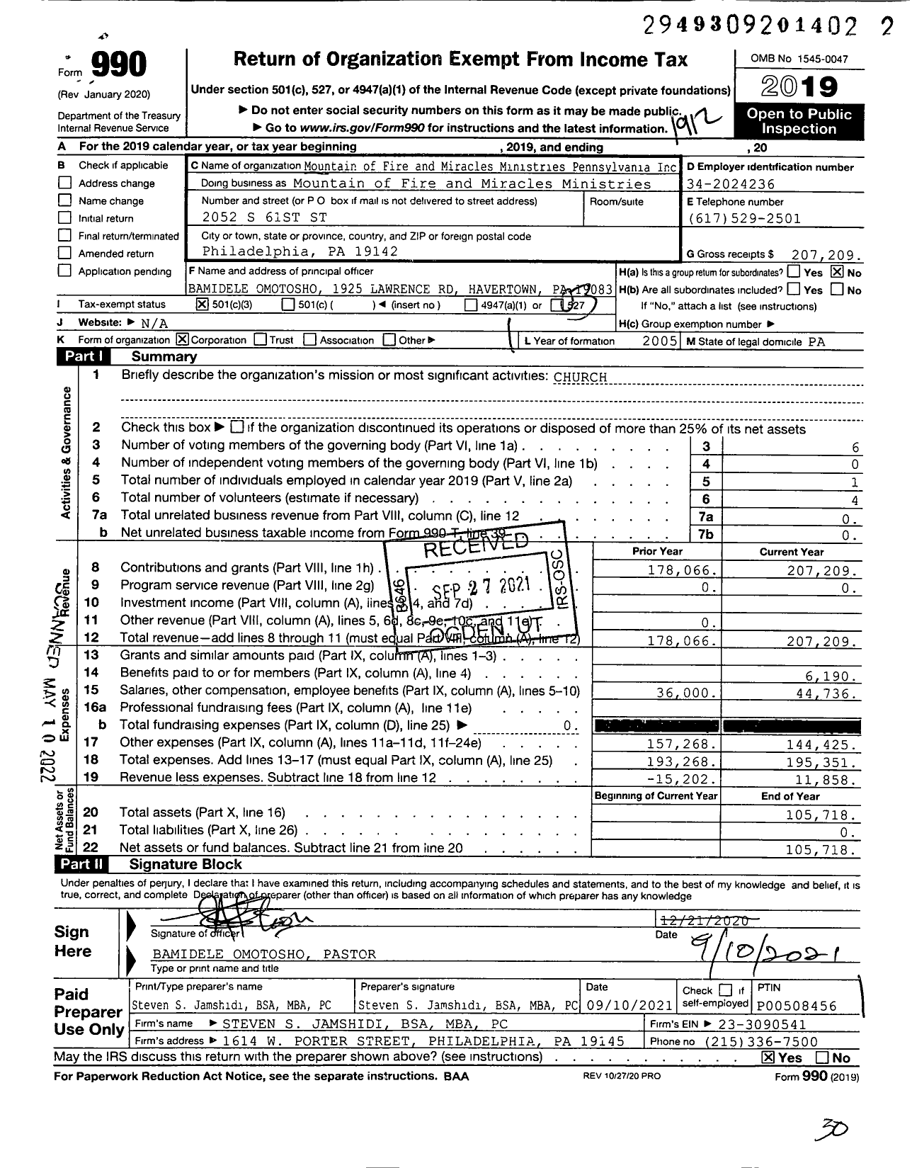 Image of first page of 2019 Form 990 for Mountain of Fire and Miracles Ministries Pennsylvania