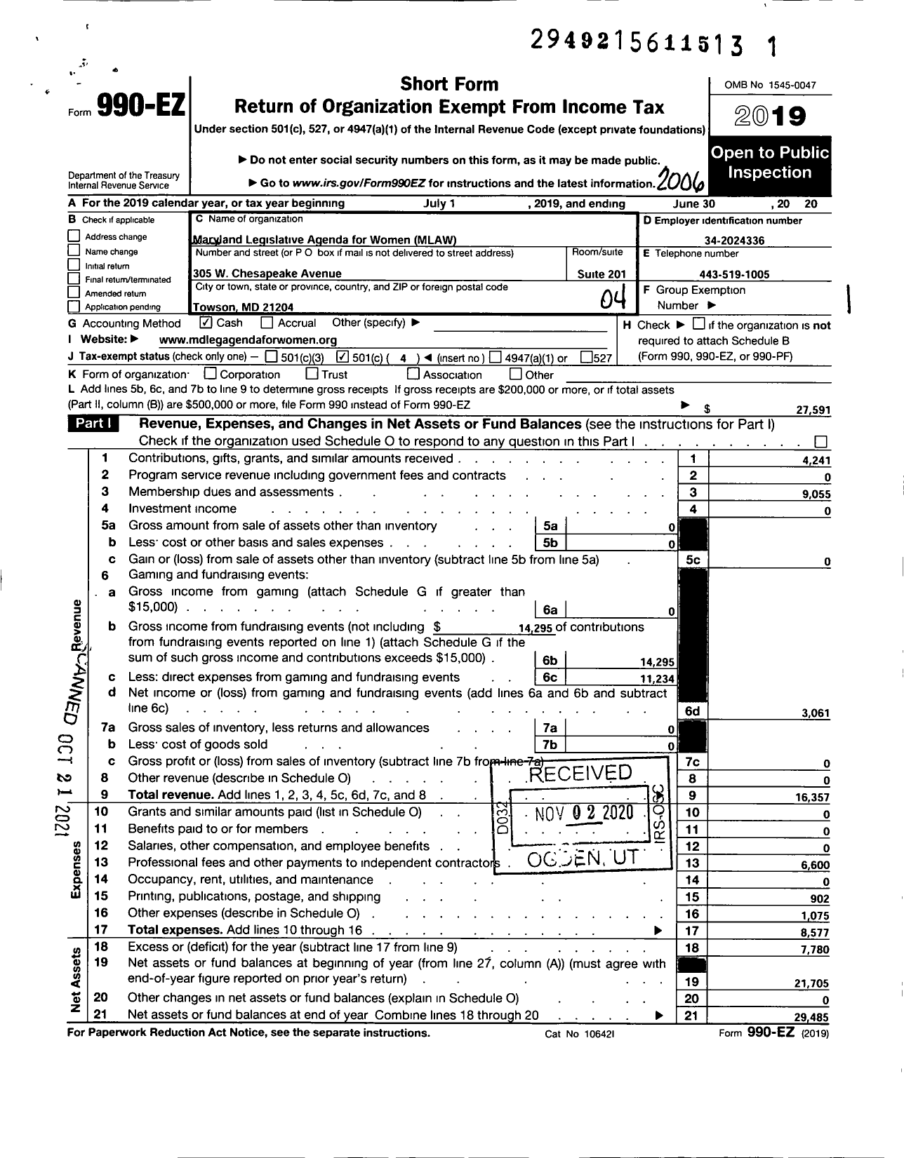 Image of first page of 2019 Form 990EO for Maryland Legislative Agenda for Women