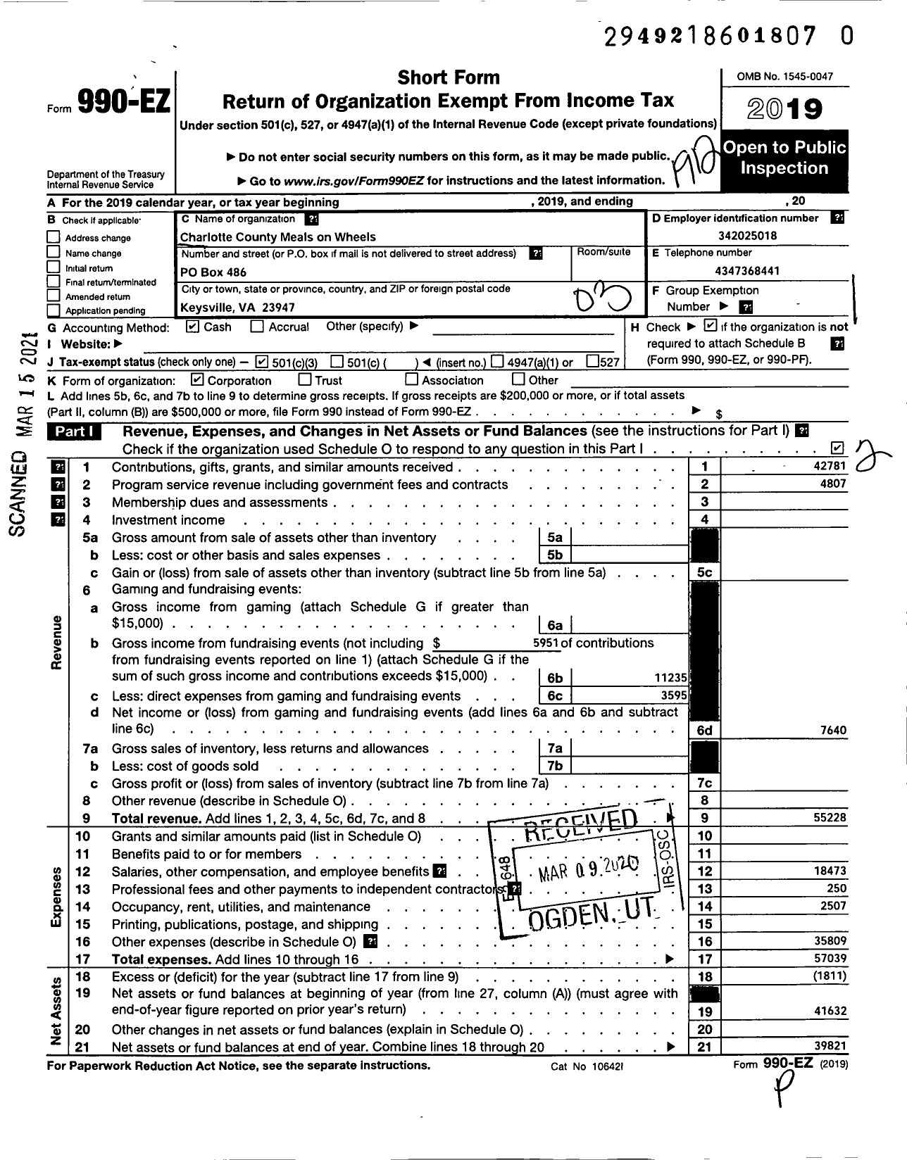 Image of first page of 2019 Form 990EZ for Charlotte County Meals on Wheels