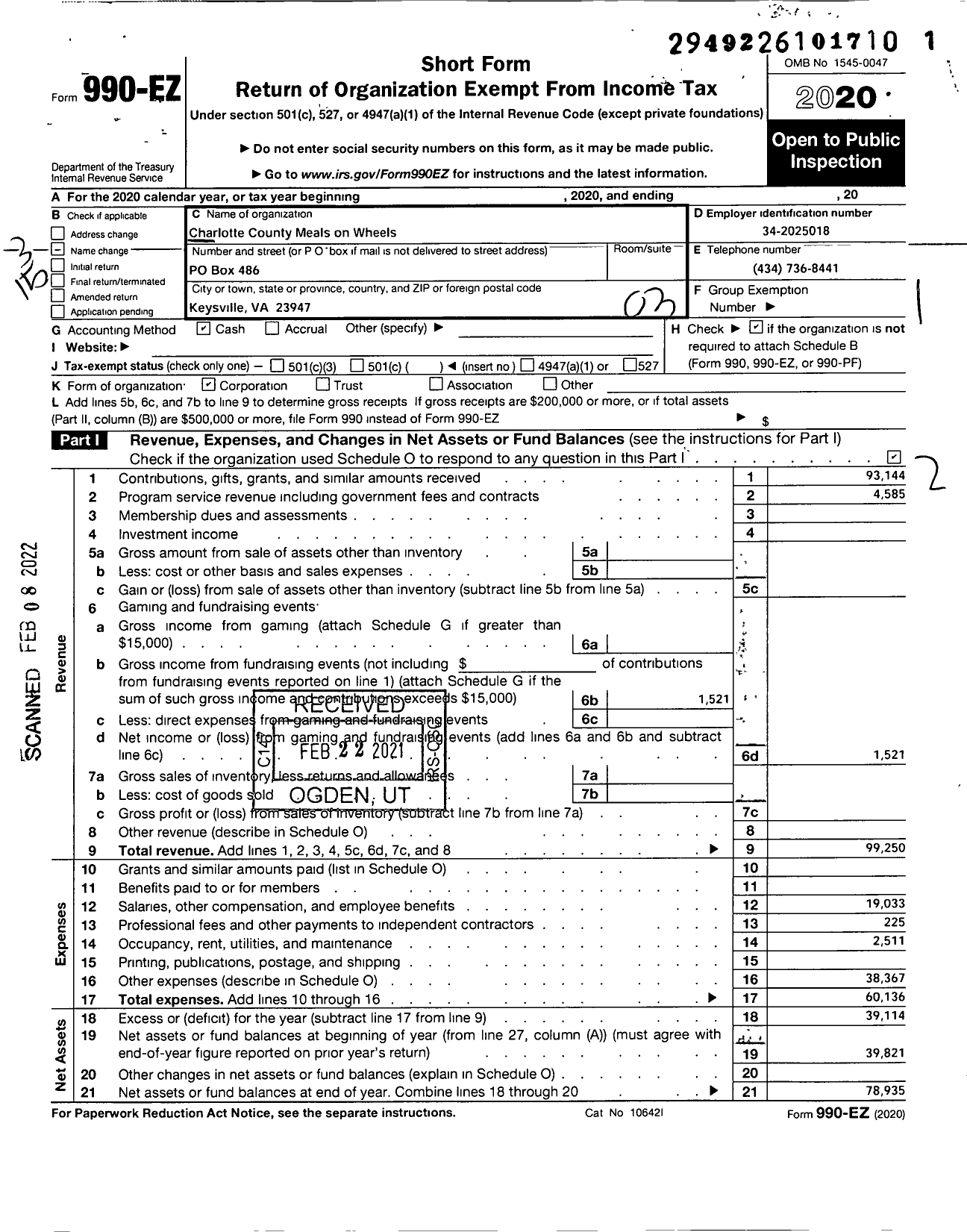 Image of first page of 2020 Form 990EZ for Charlotte County Meals on Wheels